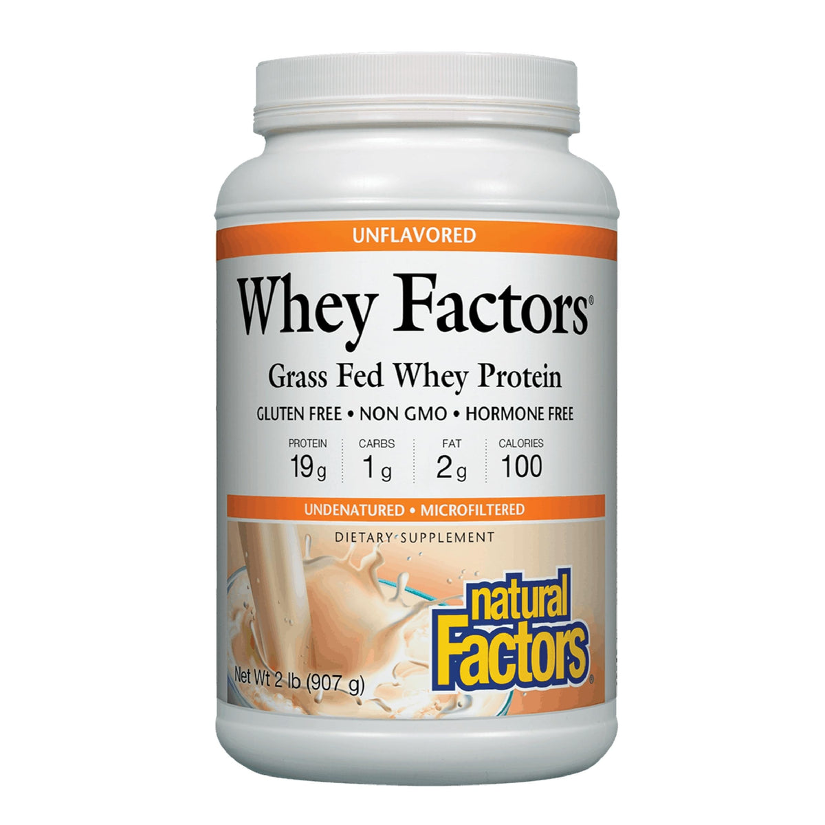 Natural Factors envase frontal que muestra proteína whey sin sabor y beneficio de proteína alta