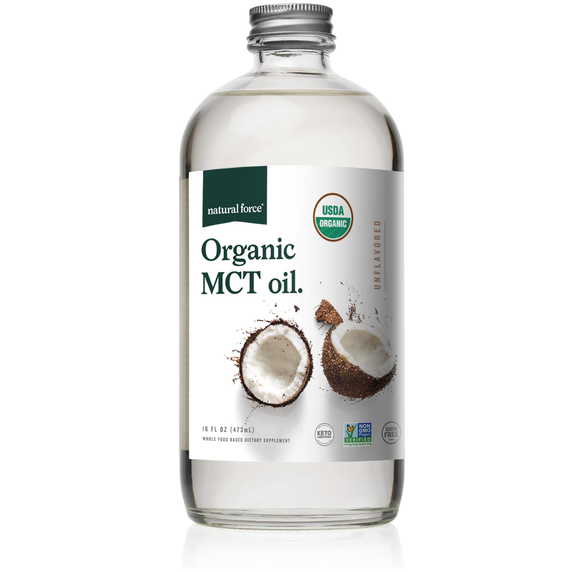 Natural Force botella frontal en vidrio que muestra pureza y conservación