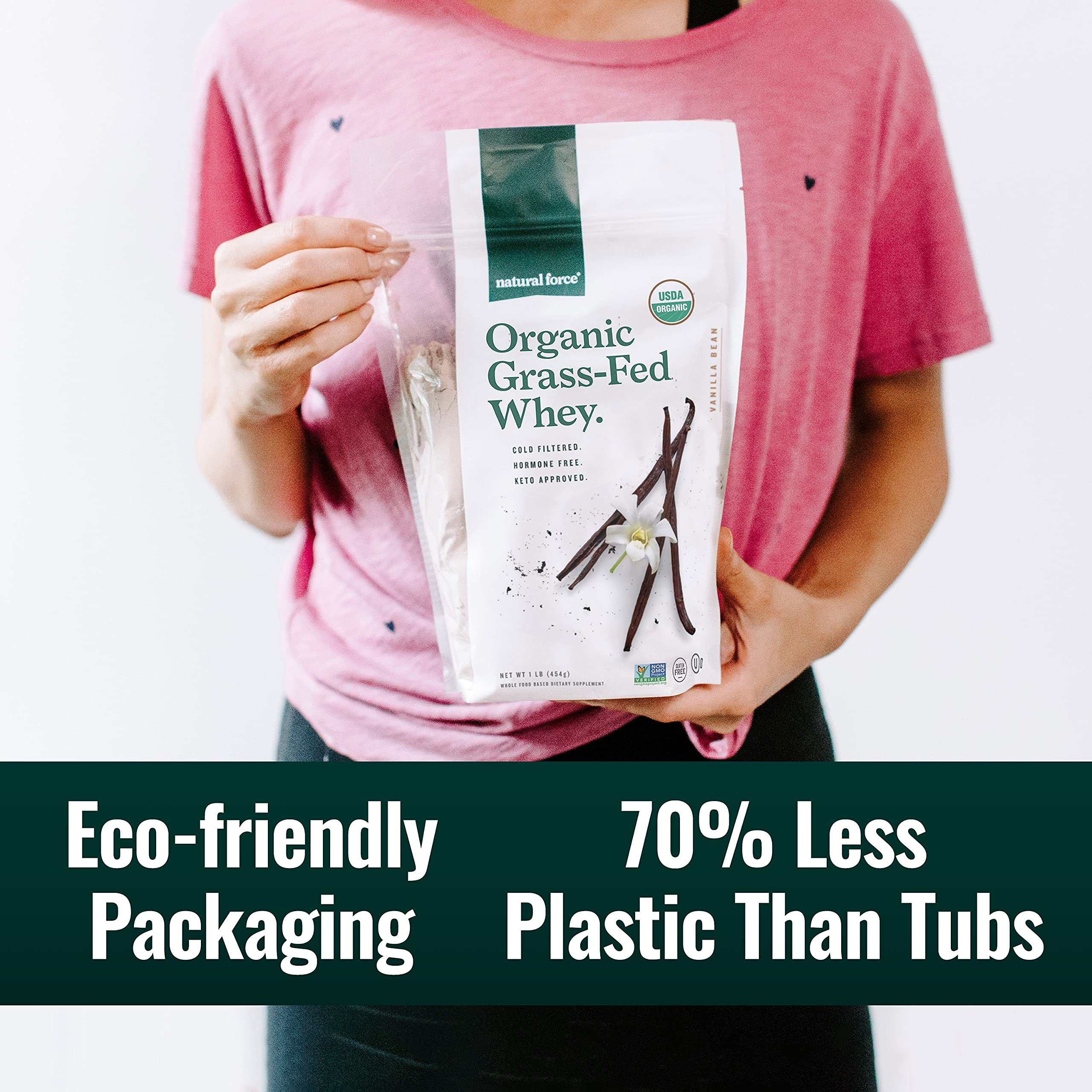 Natural Force etiqueta con certificaciones USDA Organic y Non-GMO, trazabilidad verificada