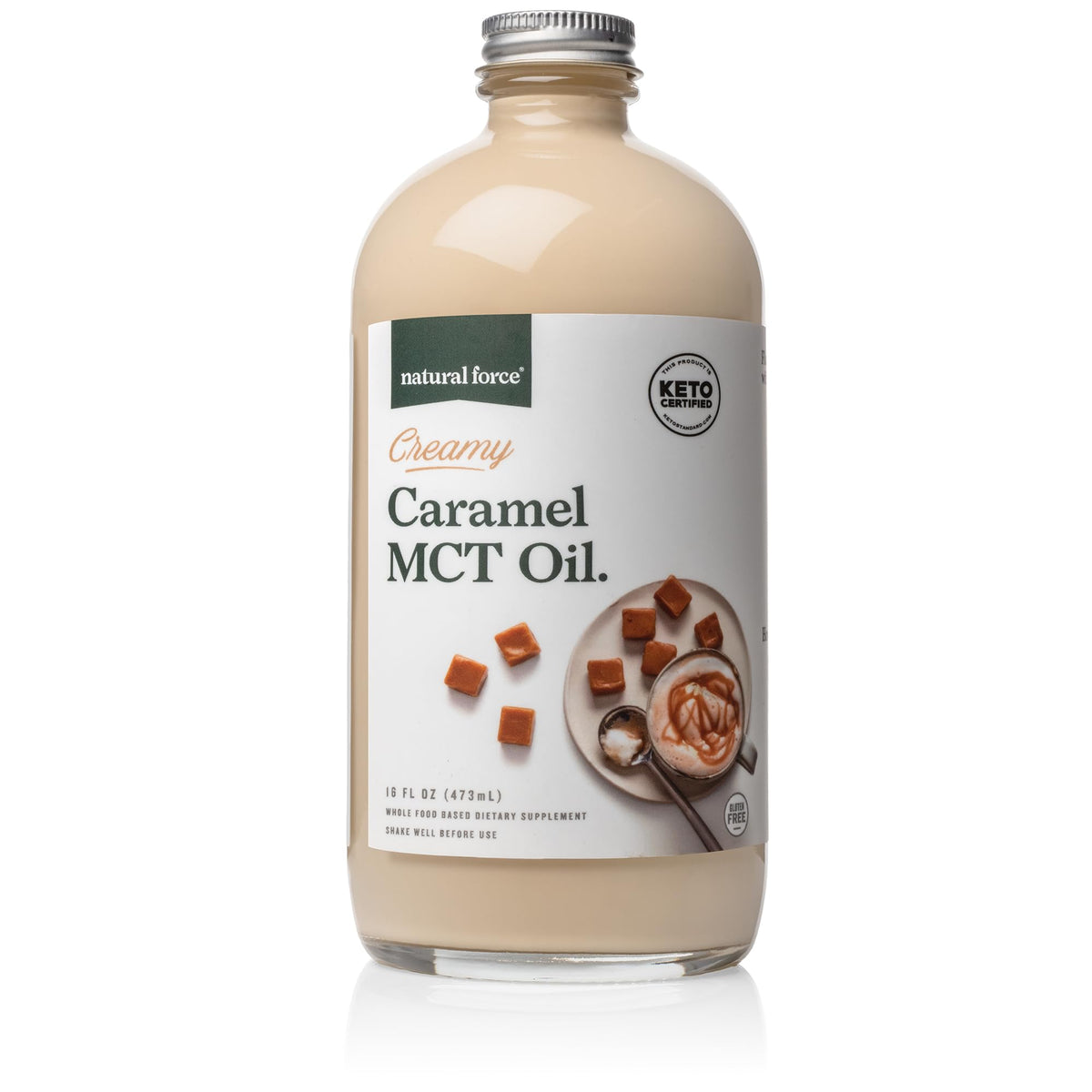 Natural Force botella frontal mostrando la crema caramelo y la presentación