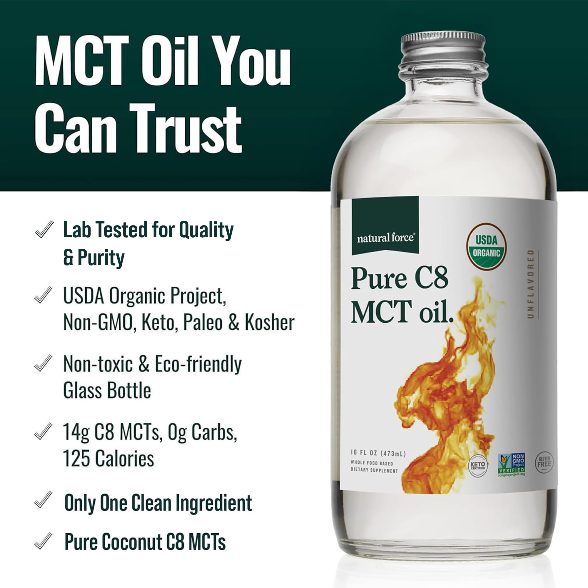 Natural Force aceite MCT vertiéndose en café keto para energía rápida