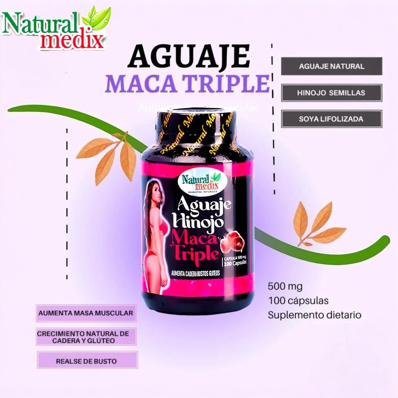 Natural medix ingredientes aguaje hinojo y maca juntos ilustrando origen vegetal