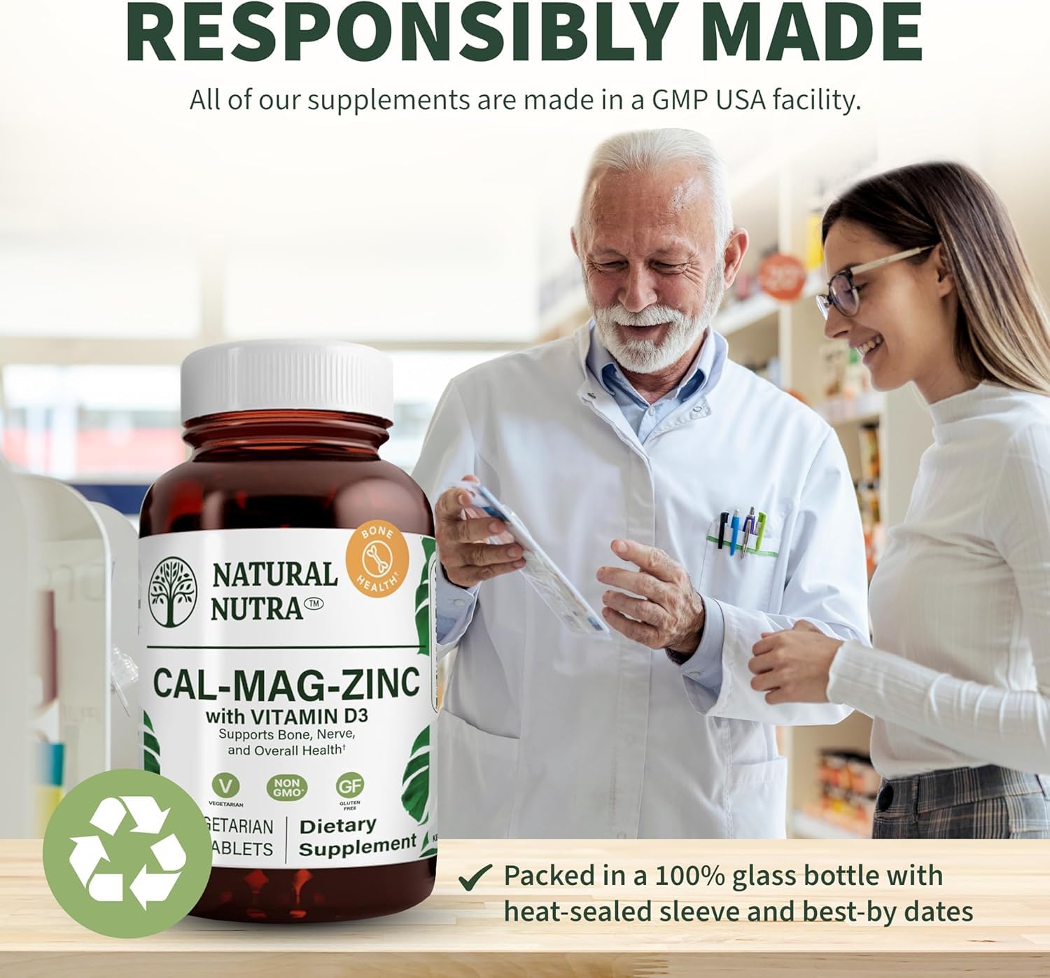 Natural Nutra botella de vidrio reciclable destacando sostenibilidad