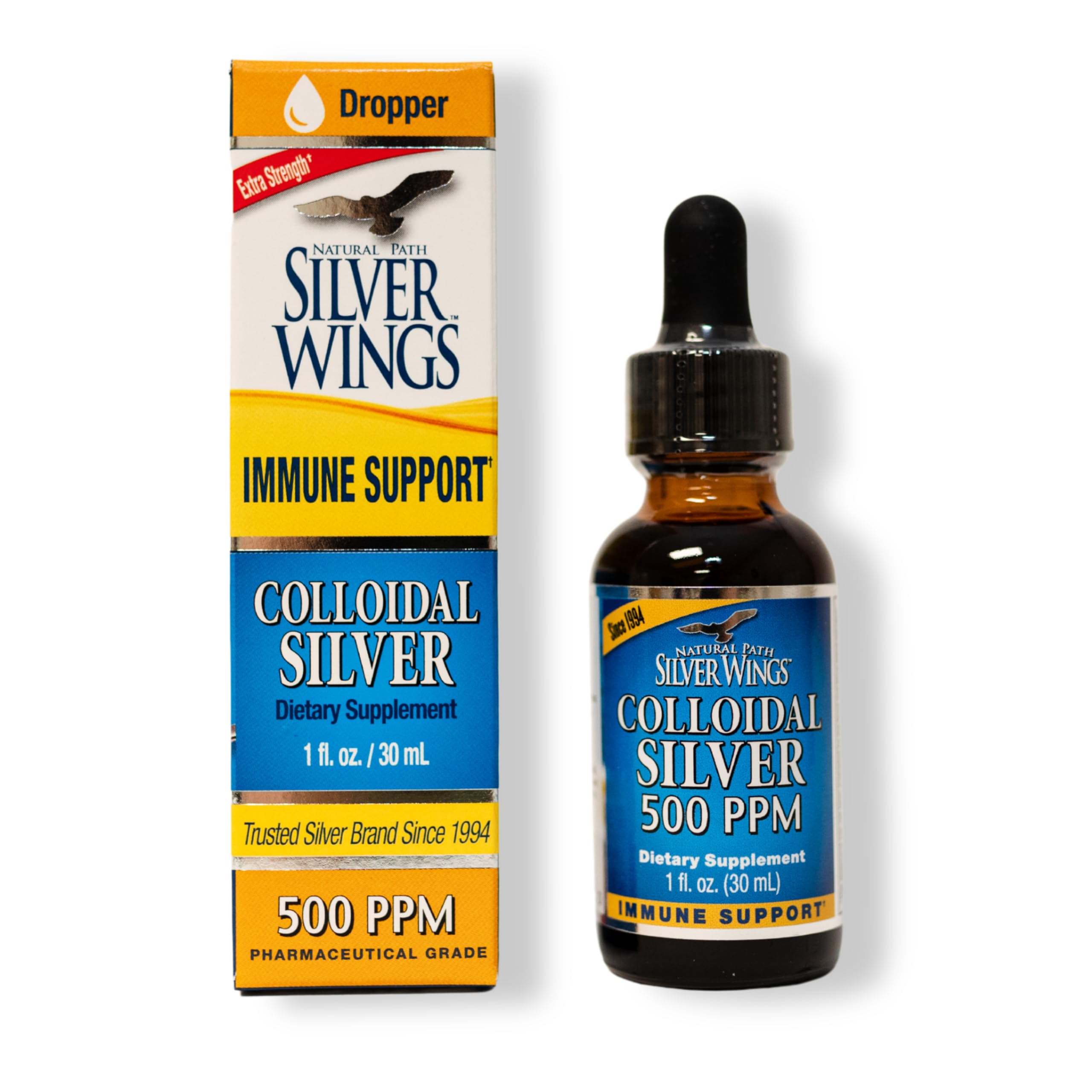 Natural Path Silver Wings frasco frontal ámbar mostrando concentración 500PPM y protección de luz