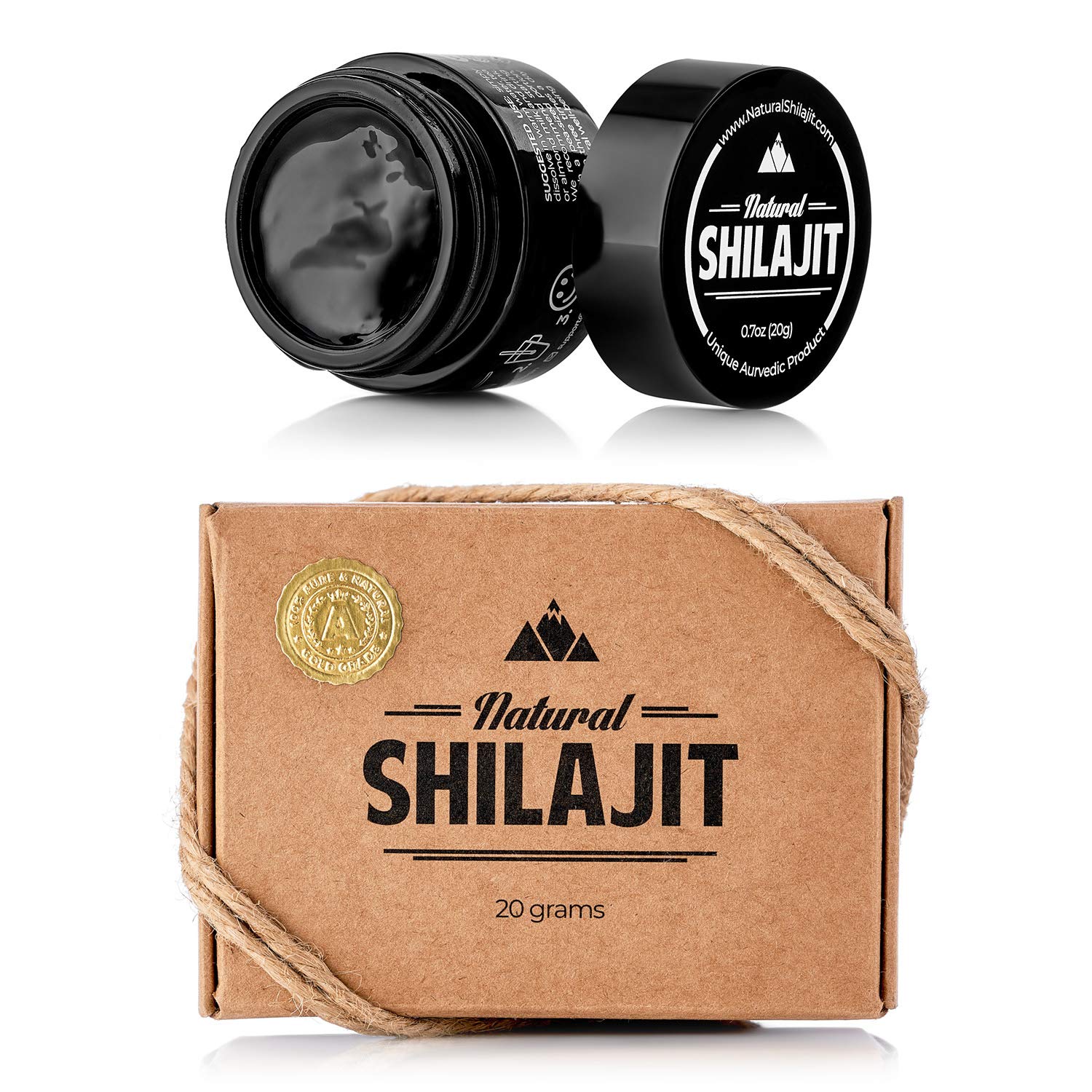 NATURAL SHILAJIT frasco frontal mostrando resina genuina y beneficio de autenticidad