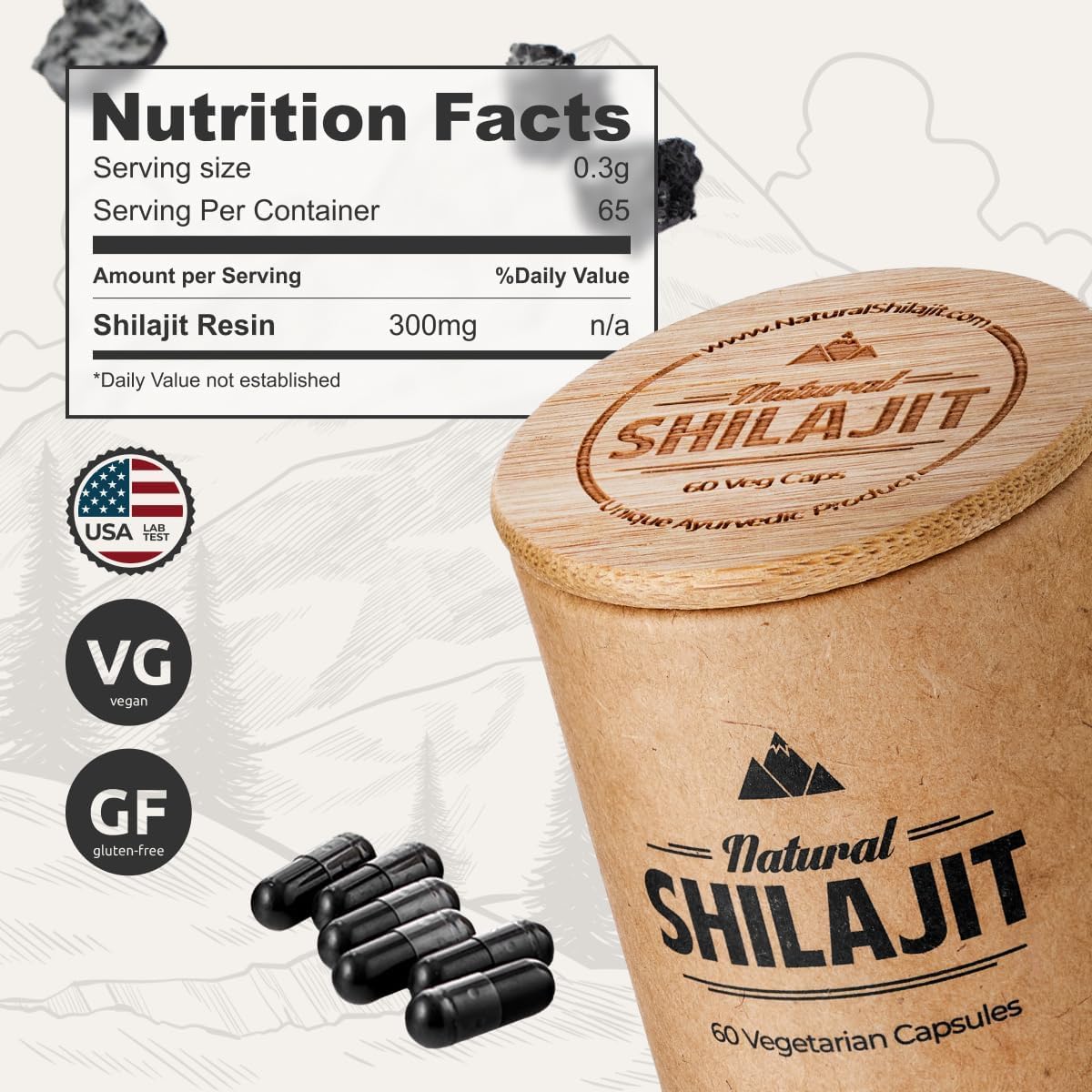 NATURAL SHILAJIT tubo con tapa de bambú, transporte práctico y sostenible
