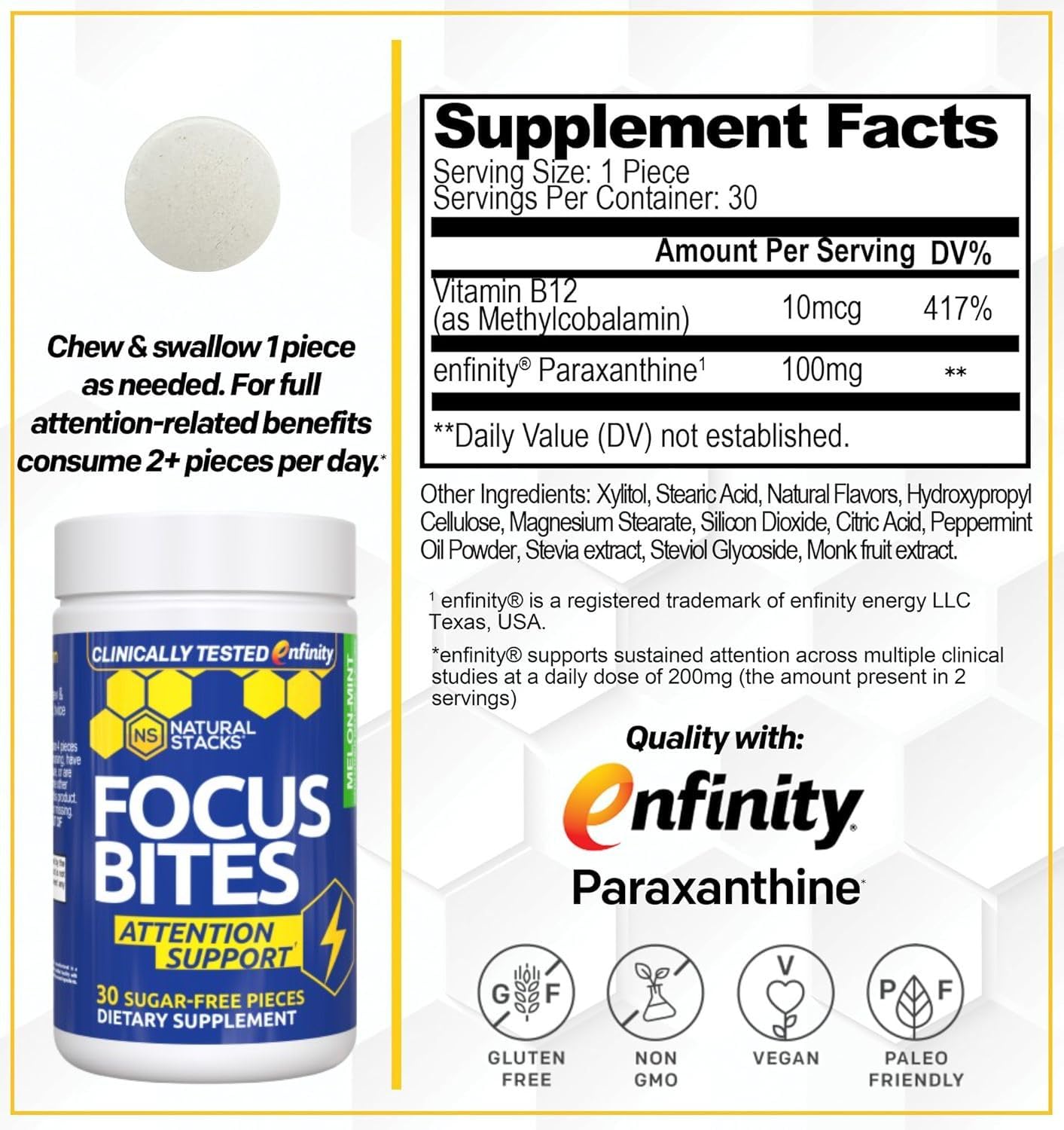Close-up de una chuc Focus Bites NATURAL STACKS mostrando textura masticable y conveniencia