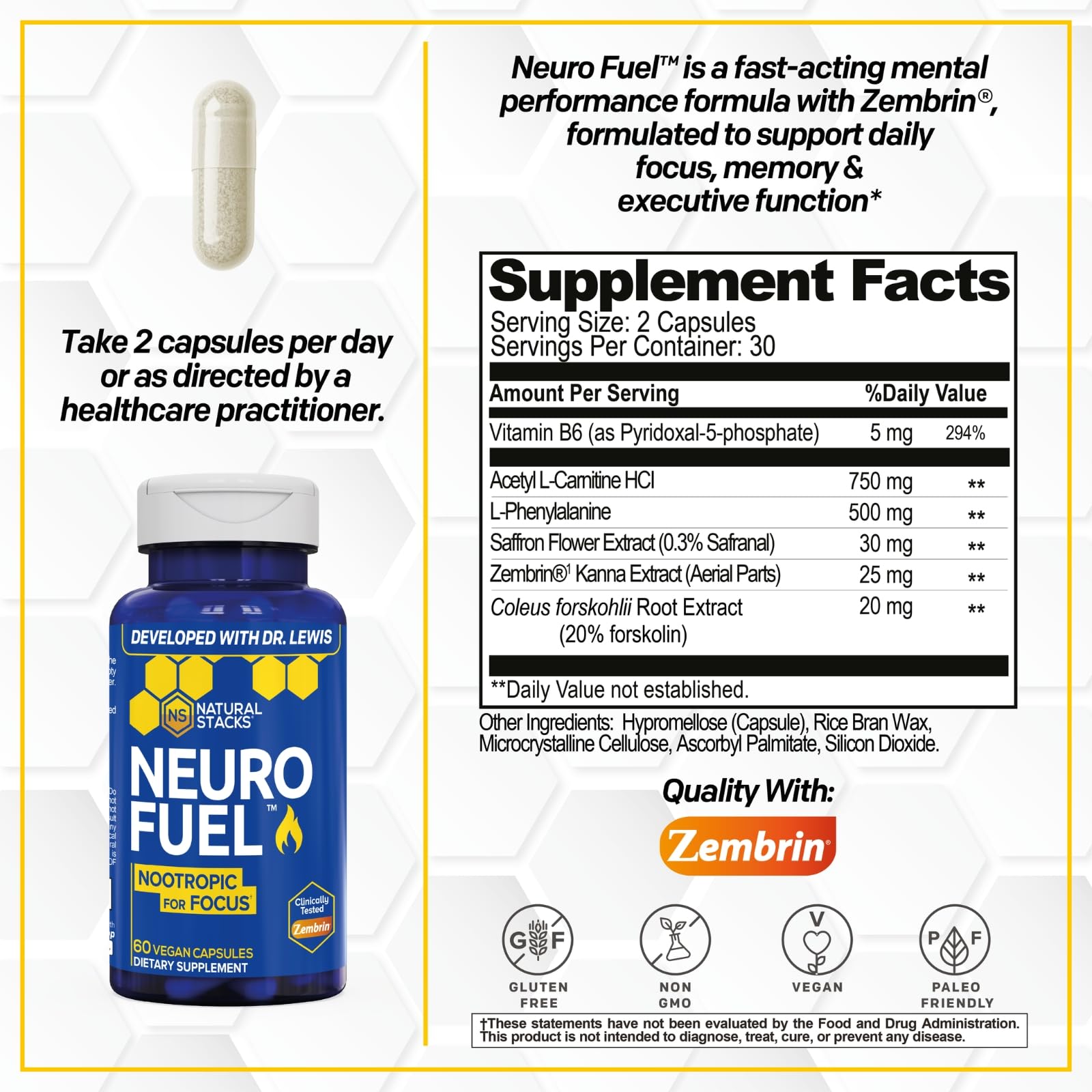 NATURAL STACKS NeuroFuel primer plano de una cápsula destacando pureza