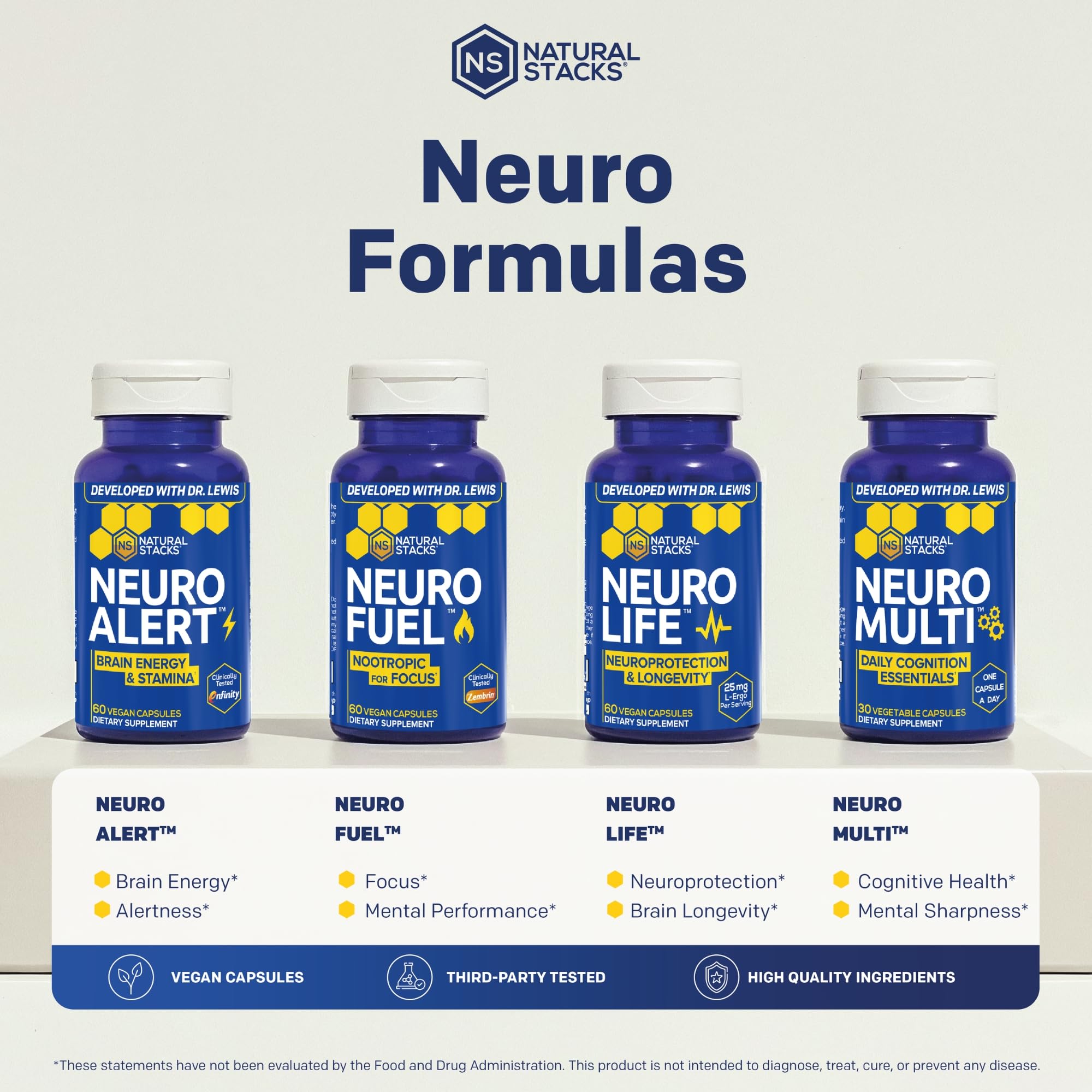 NATURAL STACKS NeuroFuel cápsula en mano para comparar tamaño y dosis