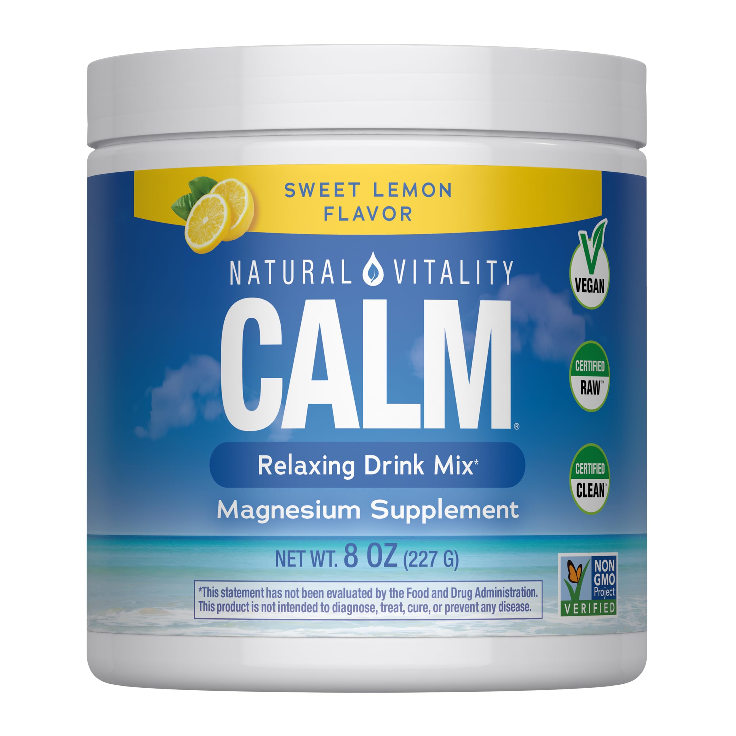 Natural Vitality Calm frente del envase mostrando el diseño y beneficios visibles
