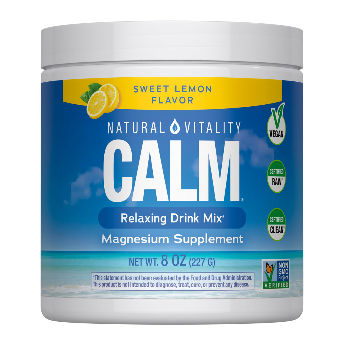 Natural Vitality Calm frente del envase mostrando el diseño y beneficios visibles