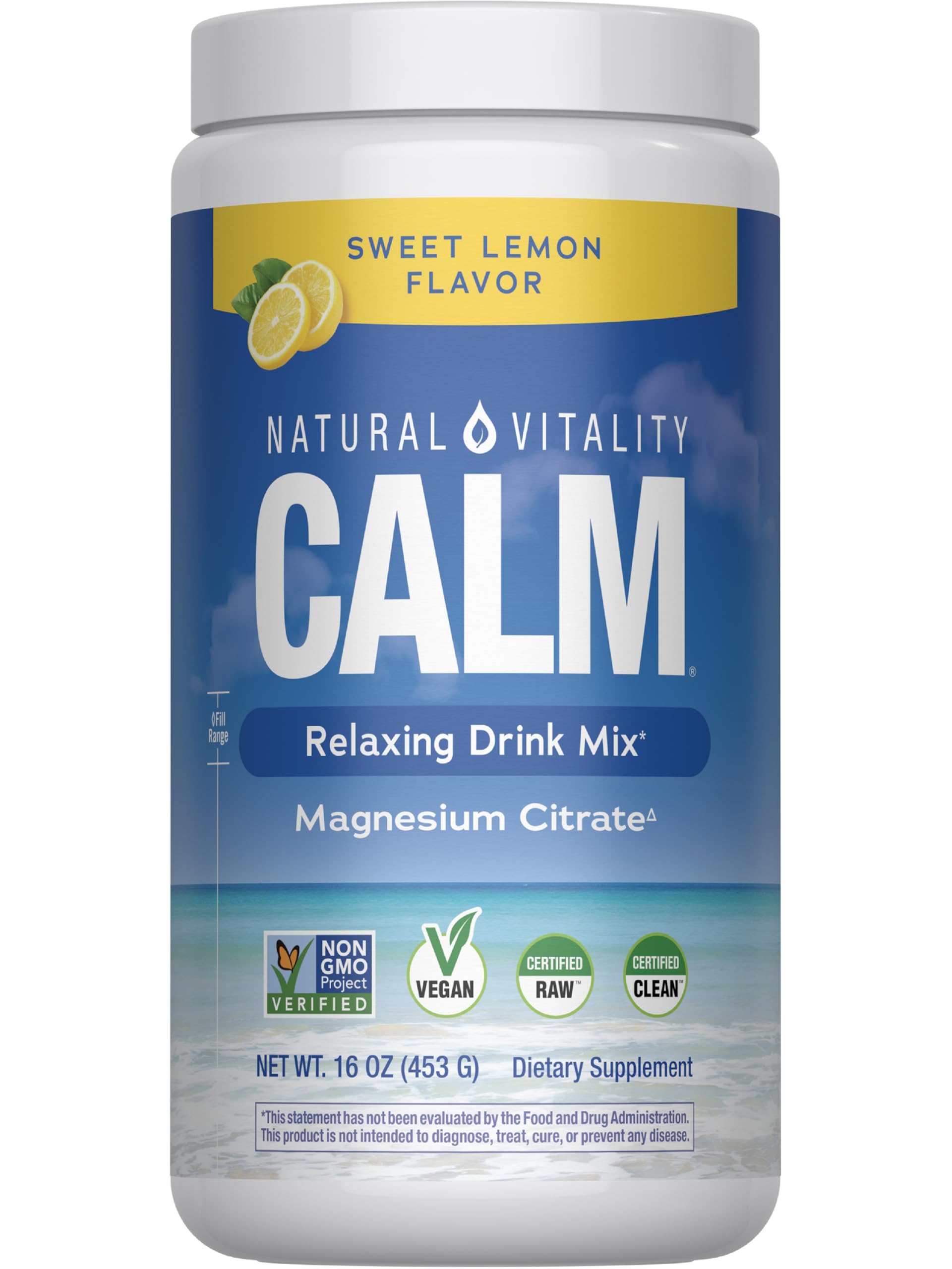 Natural Vitality CALM frasco frontal mostrando etiqueta y tamaño de 16 oz, ideal para relajación diaria