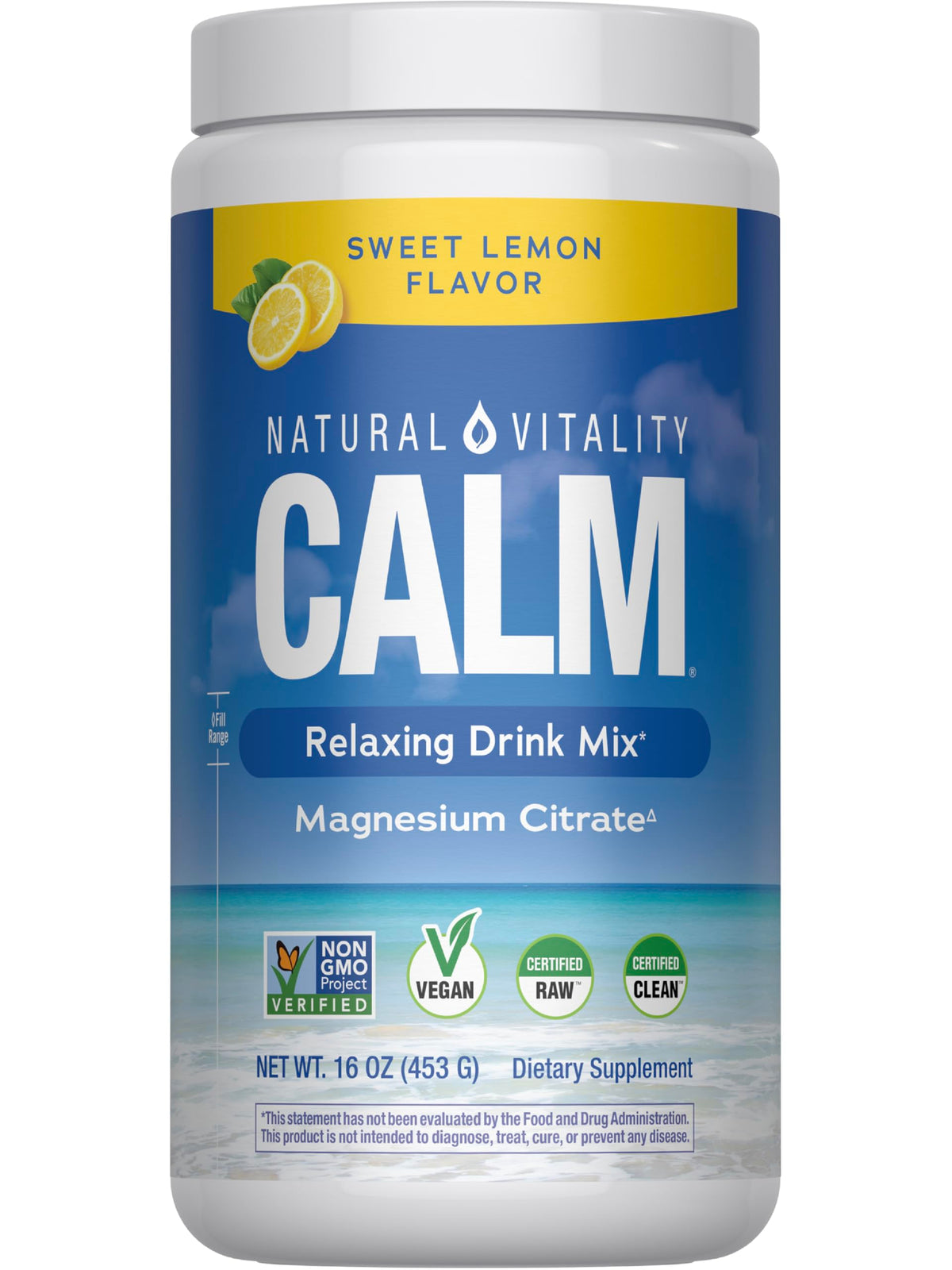 Natural Vitality CALM frasco frontal mostrando etiqueta y tamaño de 16 oz, ideal para relajación diaria