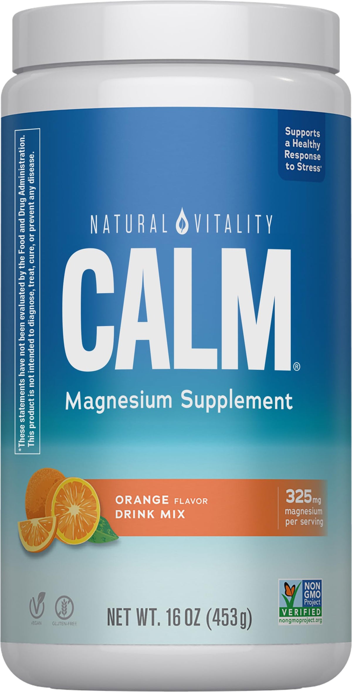 Natural Vitality CALM botella frontal mostrando la etiqueta y sabor naranja para fácil identificación