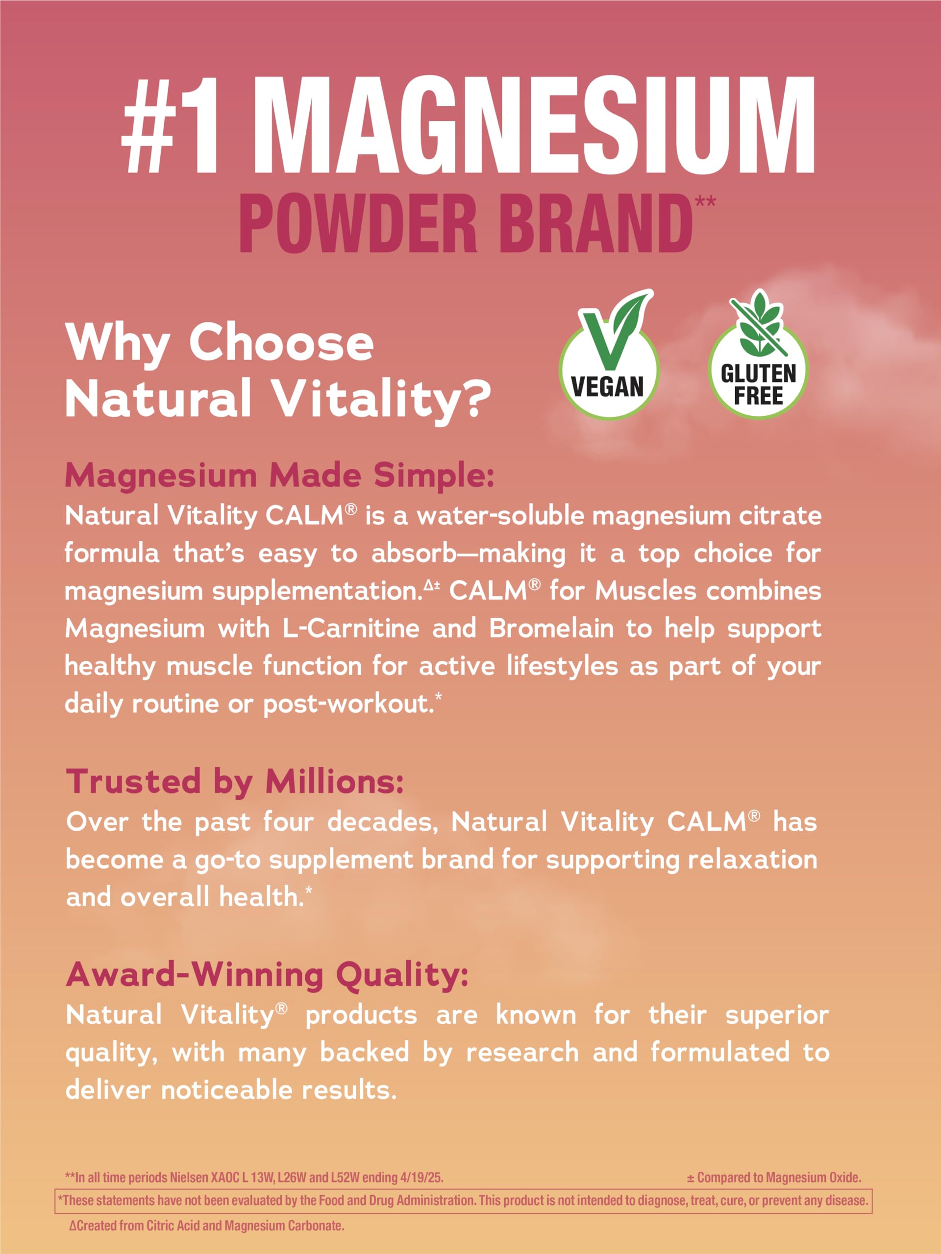 Natural Vitality Calm Muscles etiqueta con ingredientes L-carnitina y bromelina destacados