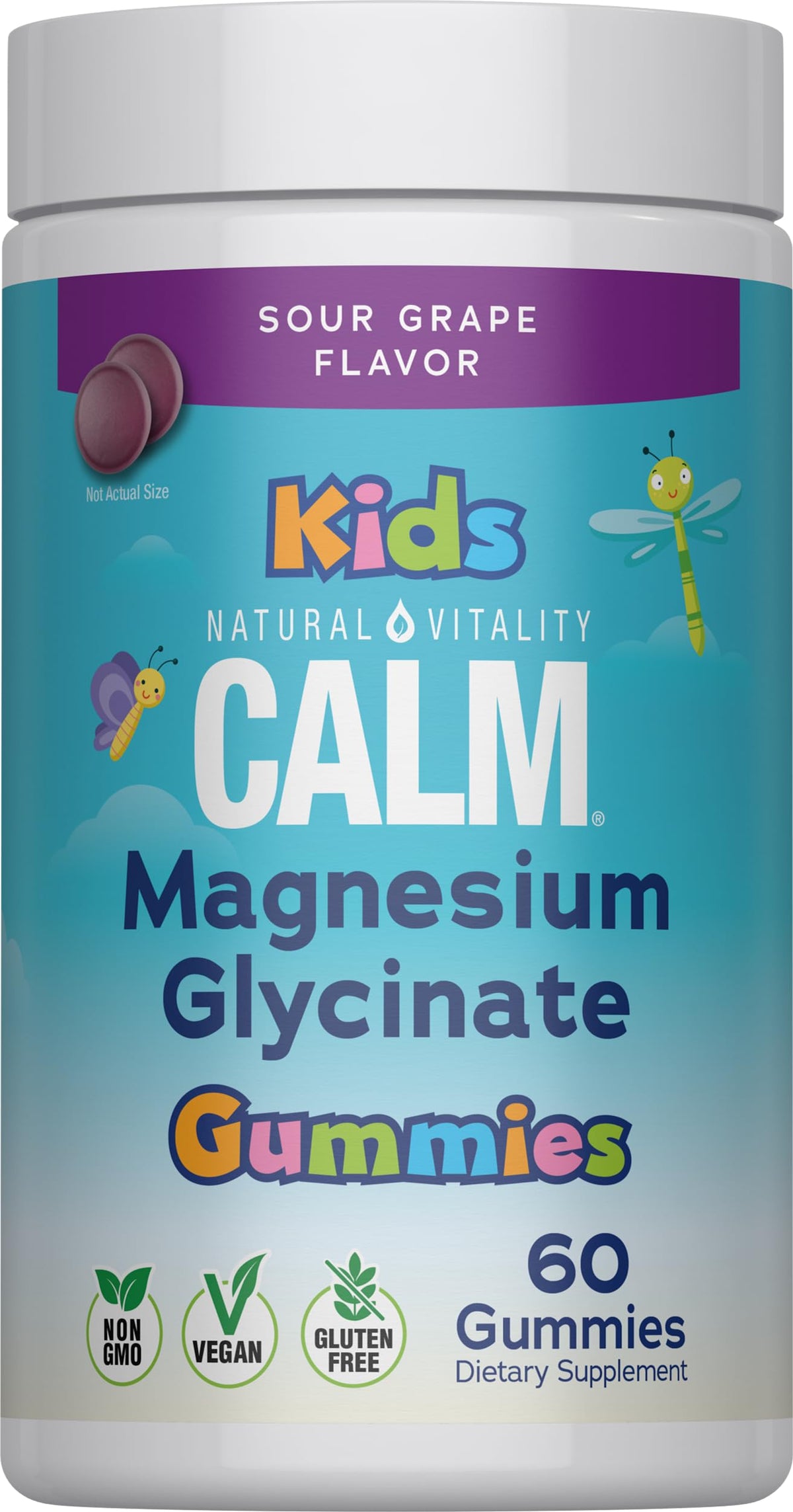 Natural Vitality frasco frontal de Kids Calm mostrando etiqueta clara y beneficio magnesio