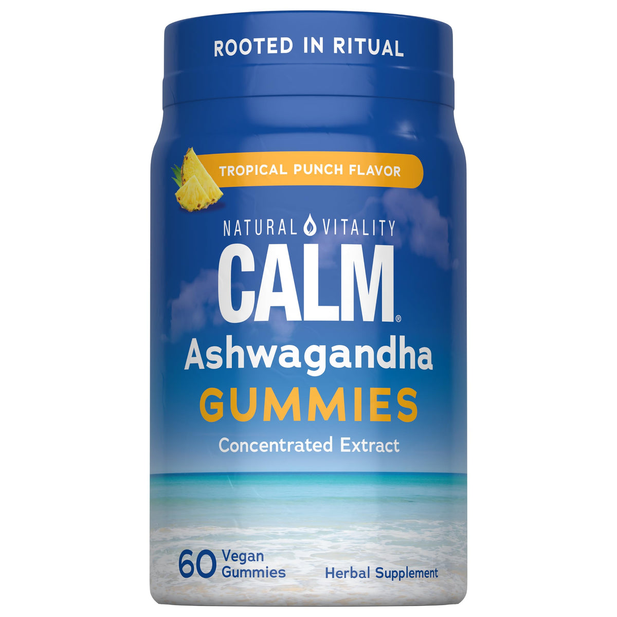 Natural Vitality envase frontal de las gomitas mostrando etiqueta y sabor Tropical Punch