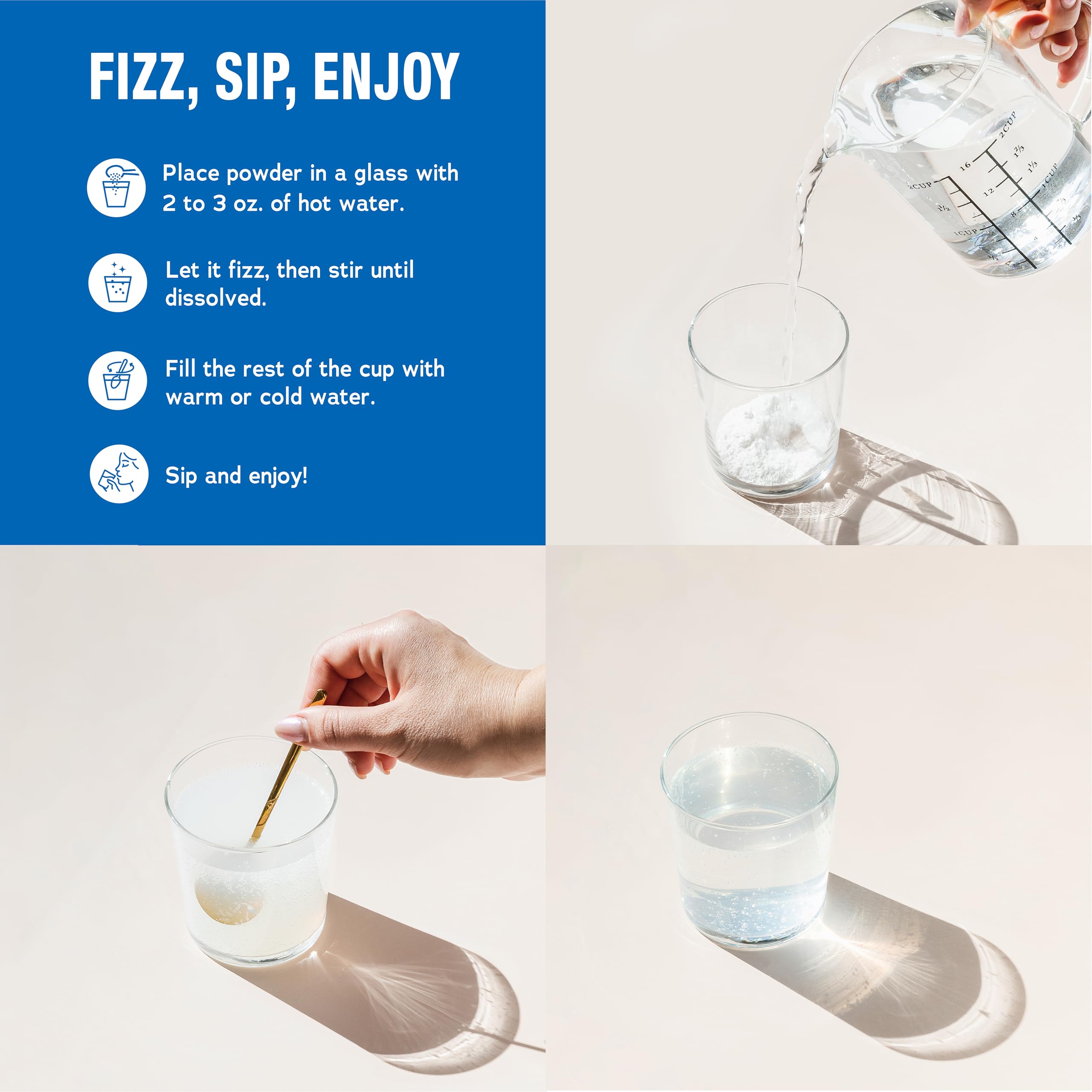 Natural Vitality bebida efervescente en vaso, mezcla rápida y disolución