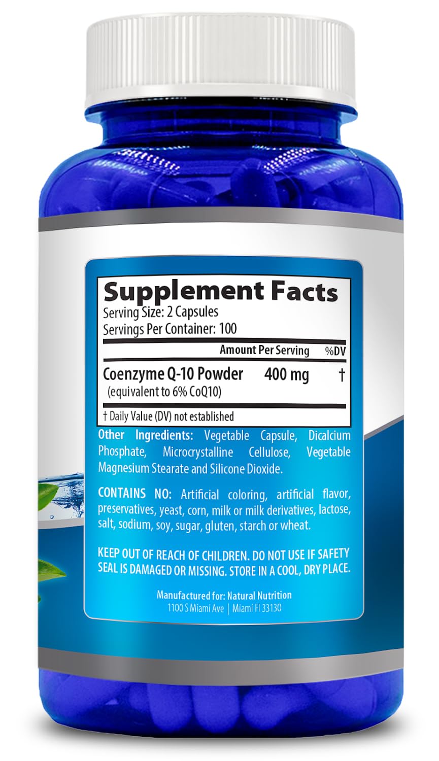 Natural Vitamin CoQ10 envase abierto con cápsulas visibles, facilita control de dosis