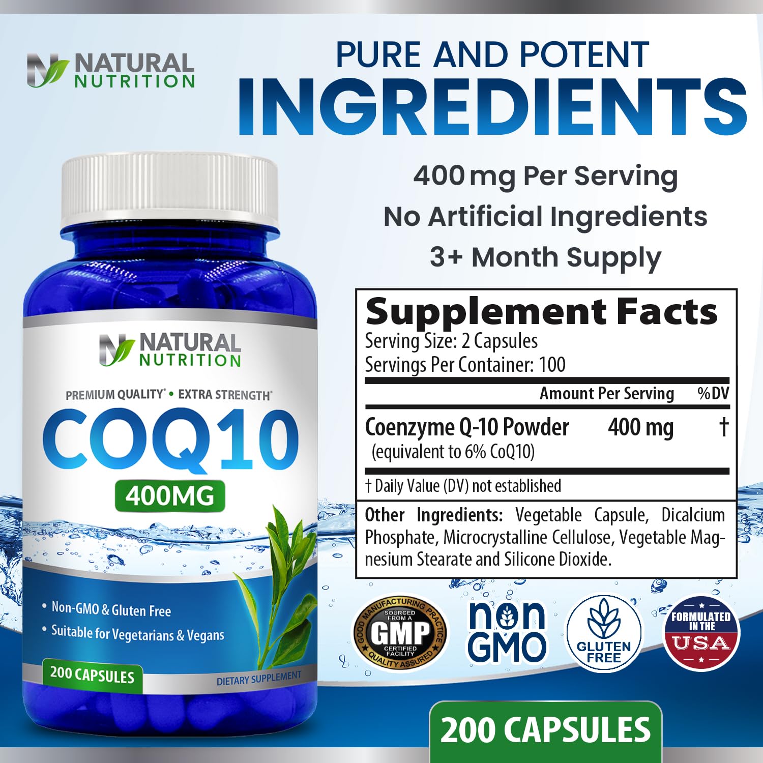 Natural Vitamin CoQ10 cápsula en la mano, ilustra facilidad de uso diario