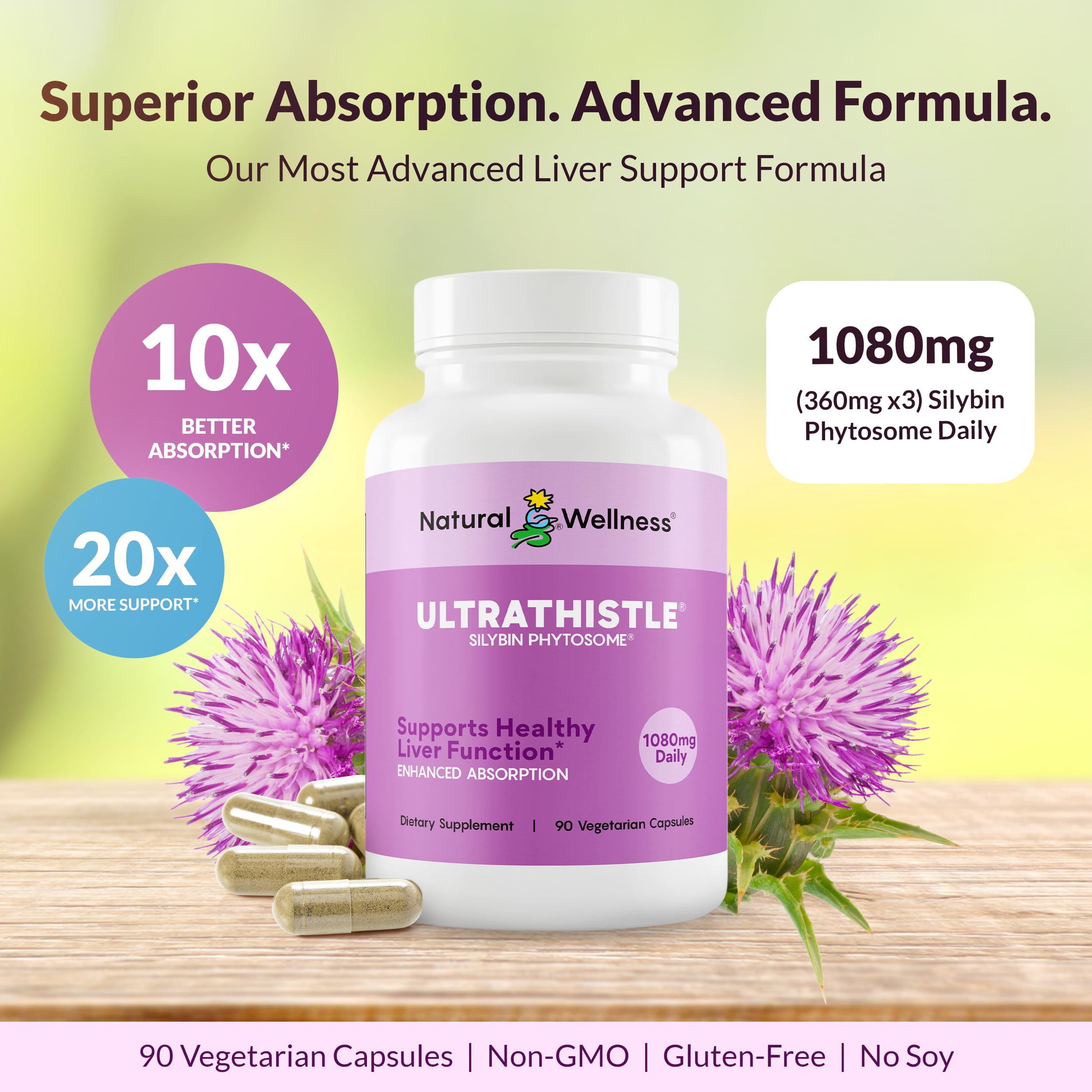 Natural Wellness botella abierta con cápsulas listas para tomar