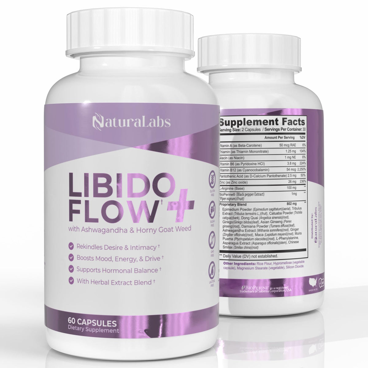 NATURALABS Flow+ frente del empaque mostrando la fórmula botánica y beneficios