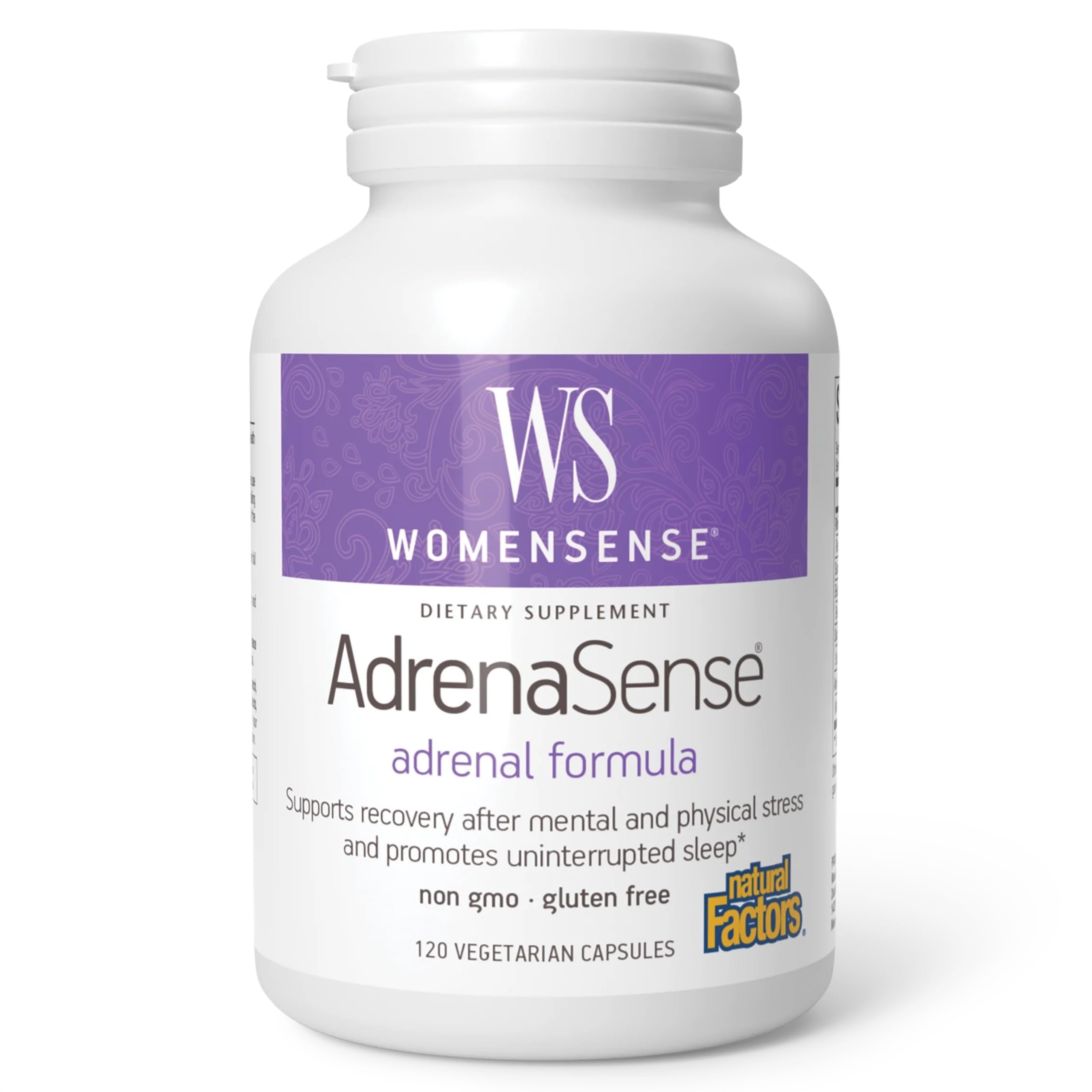 Natural Factors WomenSense AdrenaSense frasco delantero mostrando diseño y beneficios