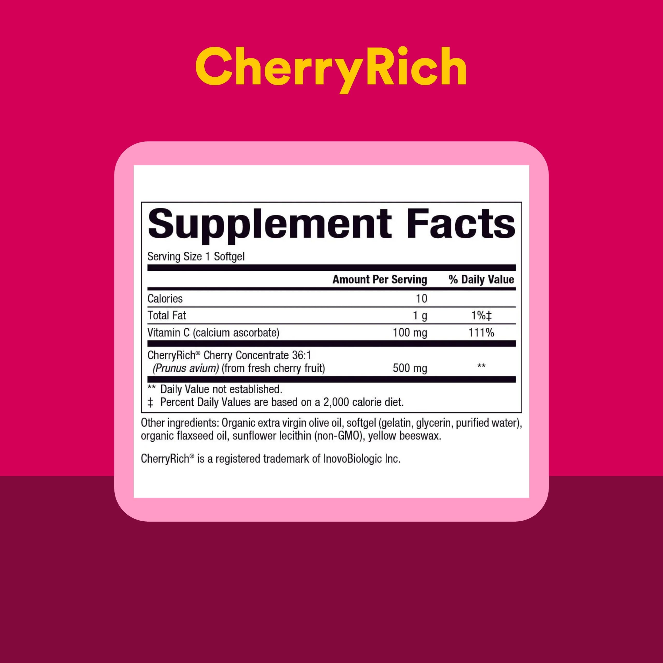 Natural Factors CherryRich botella abierta con softgels visibles para dosificación
