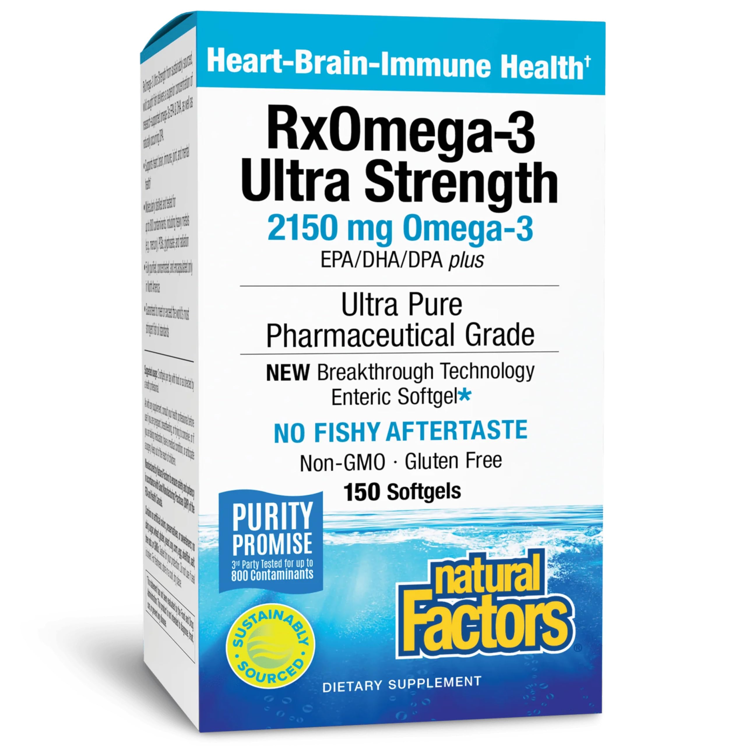 Natural Factors frasco RxOmega‑3 frente mostrando etiqueta y beneficio de pureza