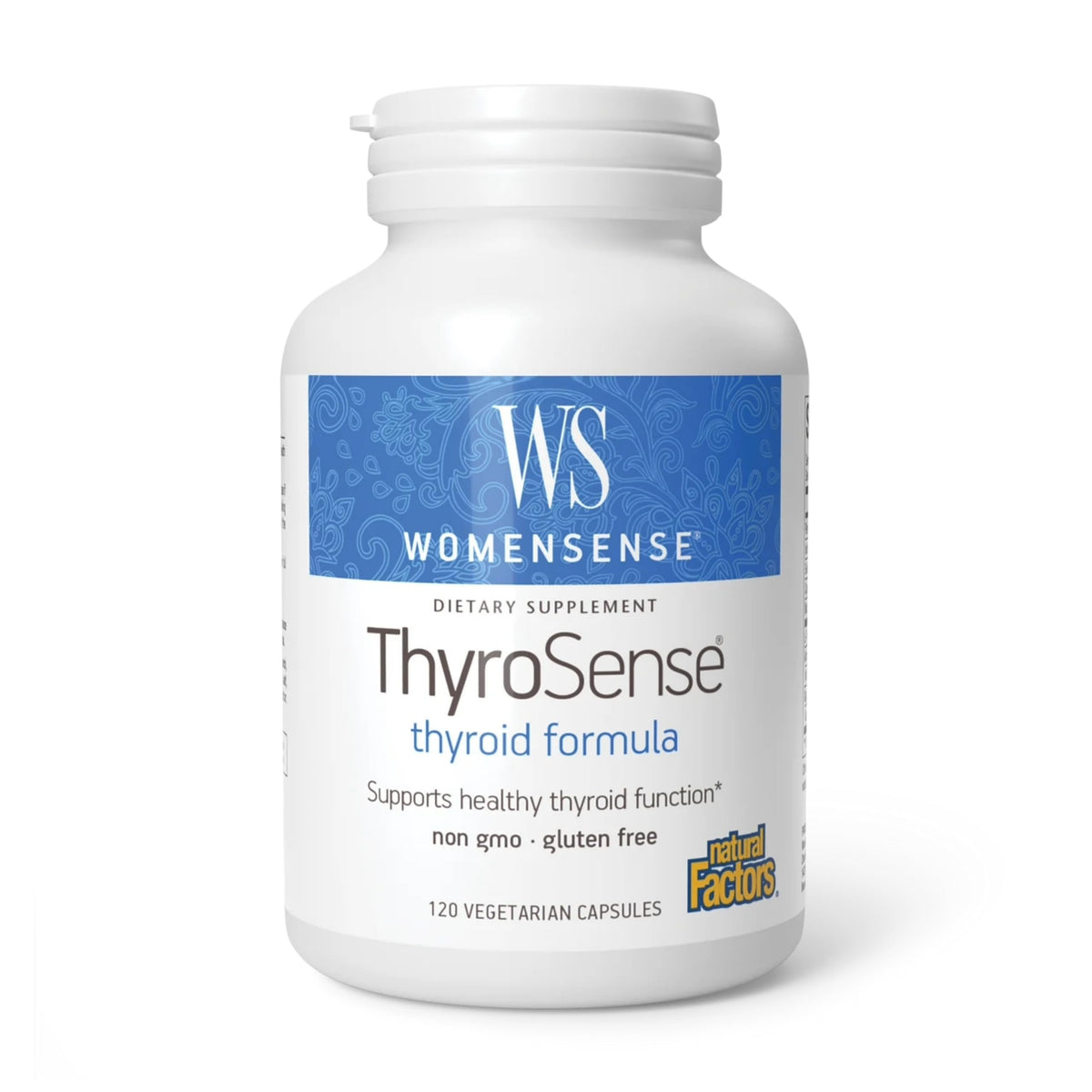 Natural Factors WomenSense ThyroSense frontal mostrando envase y beneficios