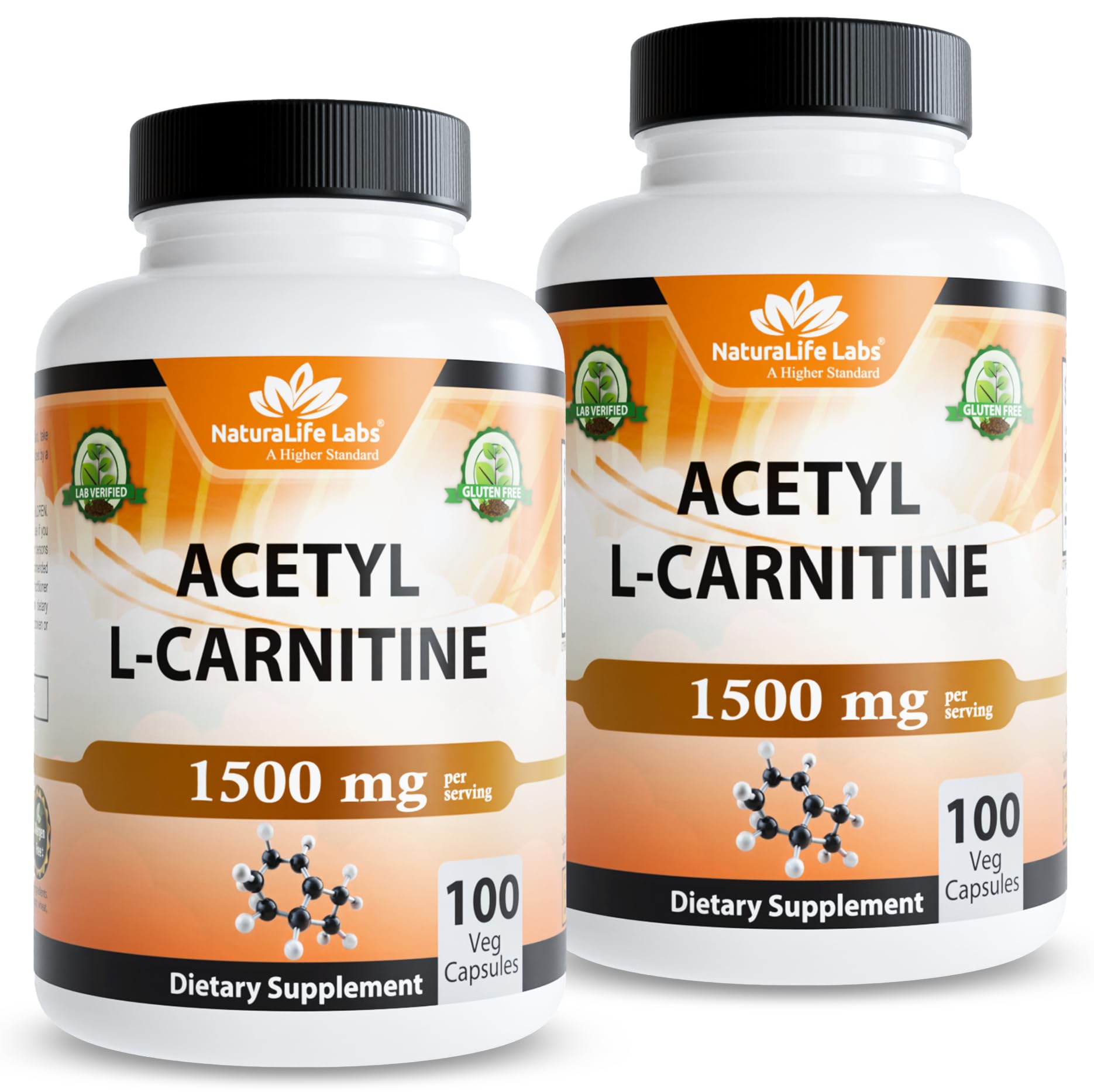 NaturaLife Labs frasco frente mostrando ALCAR 1500 mg y certificaciones claras