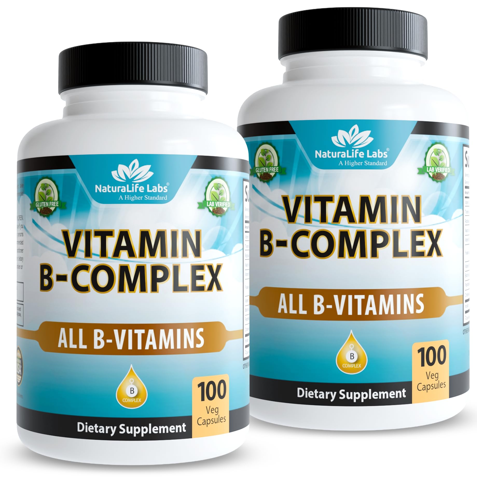 NaturaLife Labs frasco frontal del B-Complex mostrando etiqueta y beneficio de fórmula completa