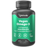 Naturalis envase frontal de Omega 3 vegano con información clara y beneficio sostenible