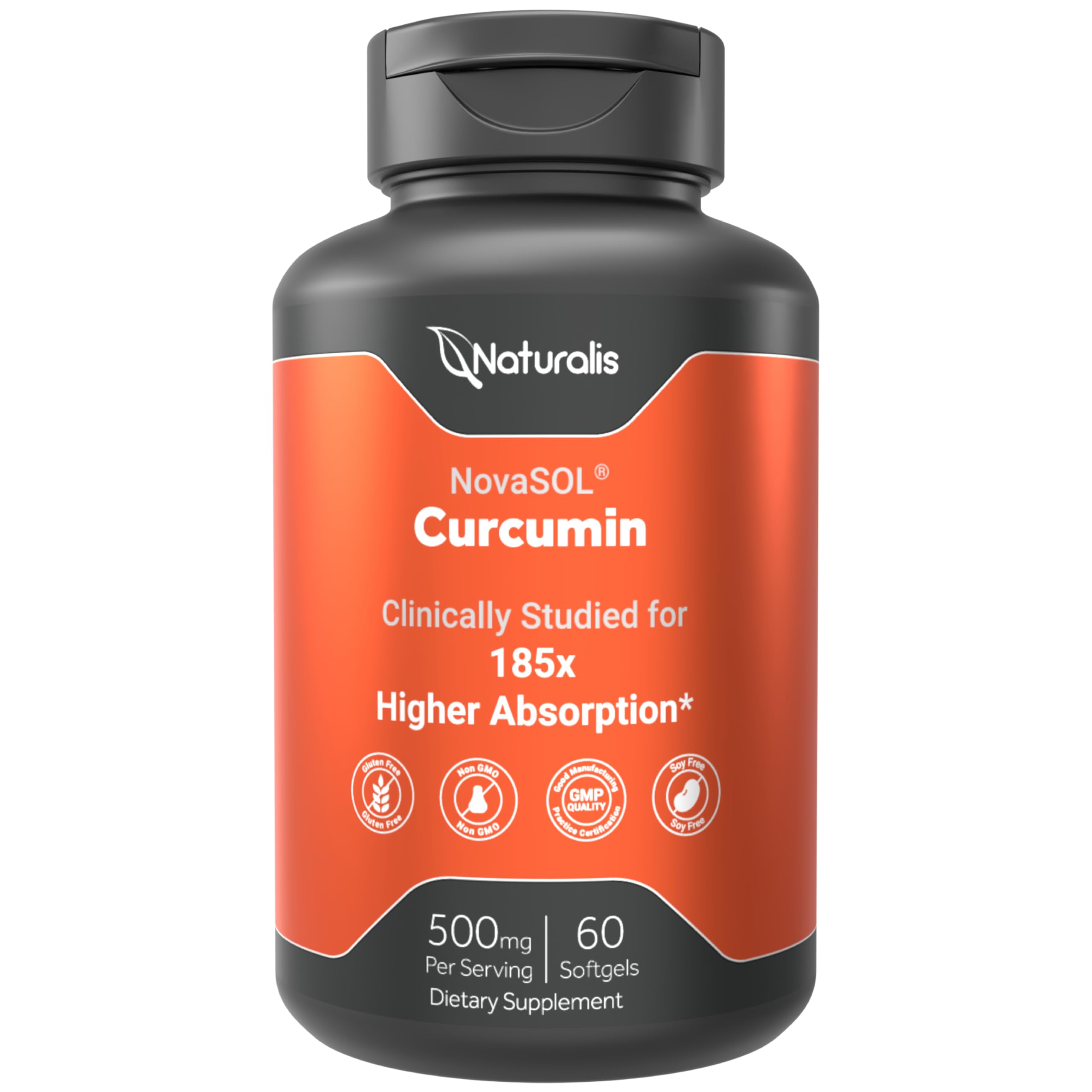 Naturalis botella frontal mostrando NovaSOL Curcumin y dosificación clara