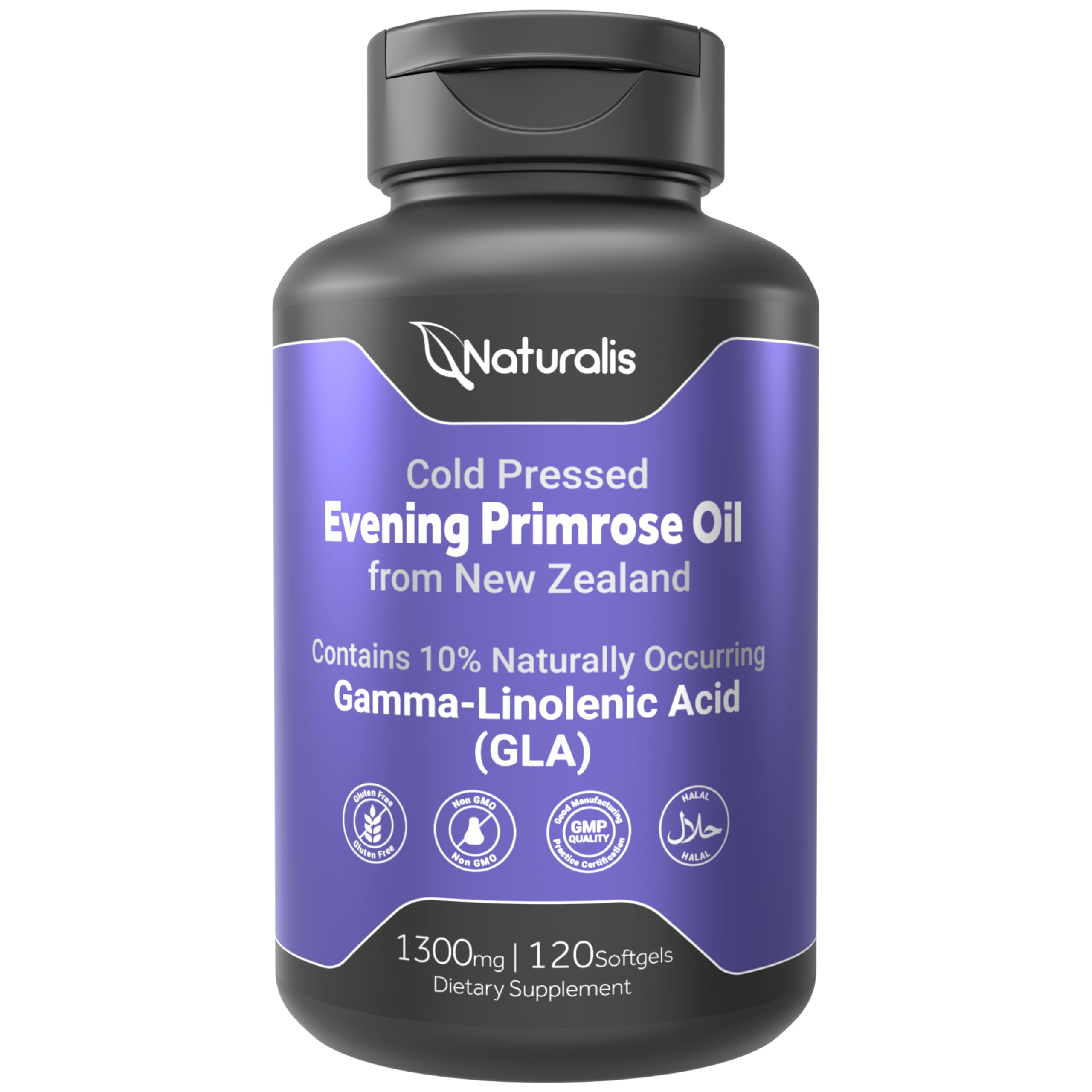 Naturalis frasco frontal mostrando 120 softgels y origen