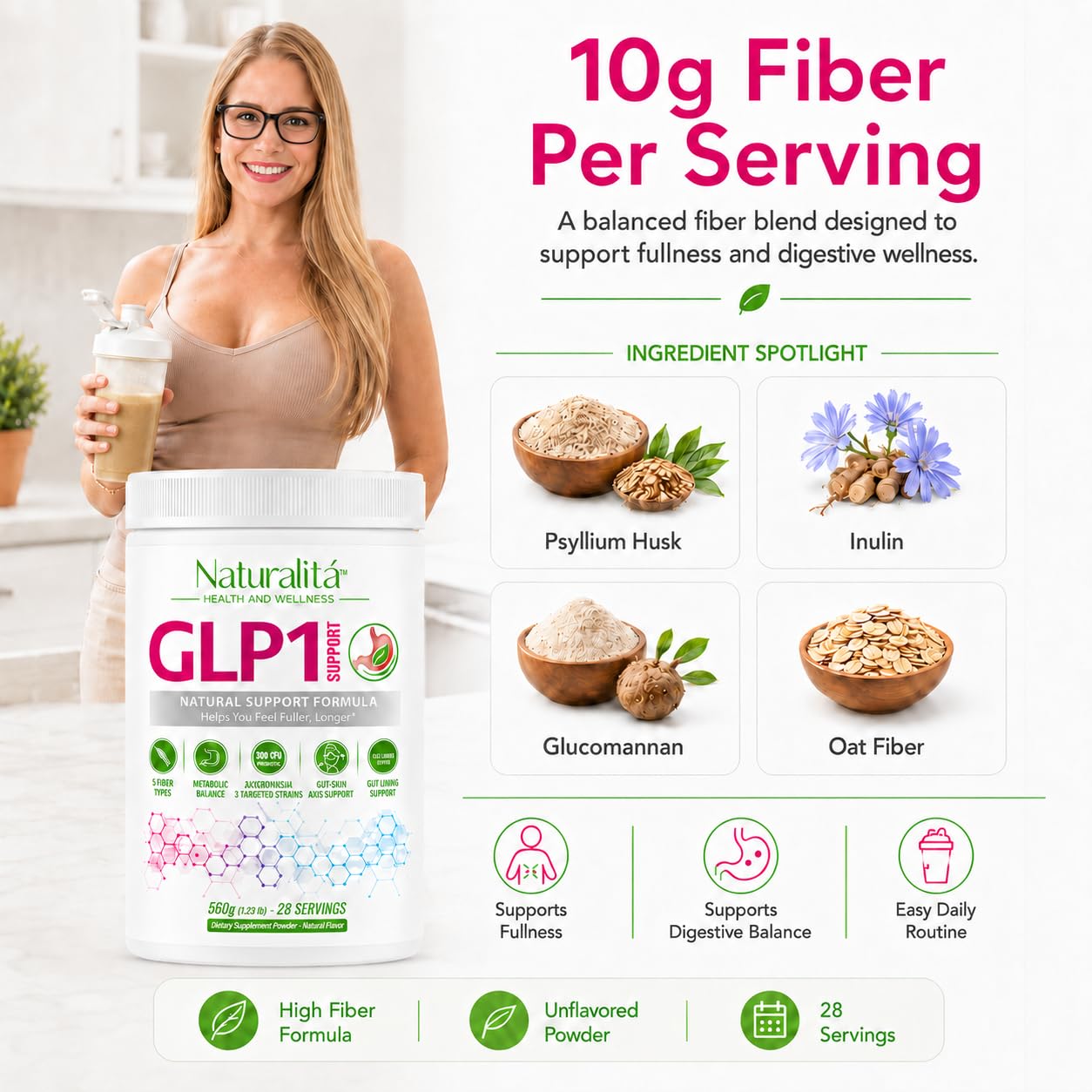 Naturalitá textura del polvo de fibra, muestra solubilidad y calidad