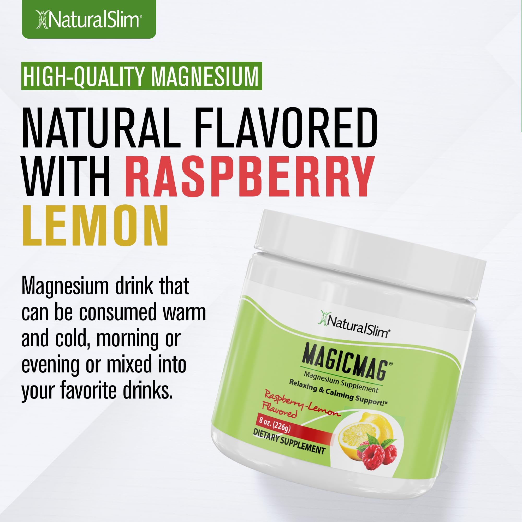 NaturalSlim comparativa de tamaño del envase de 8 oz junto a una mano para escala