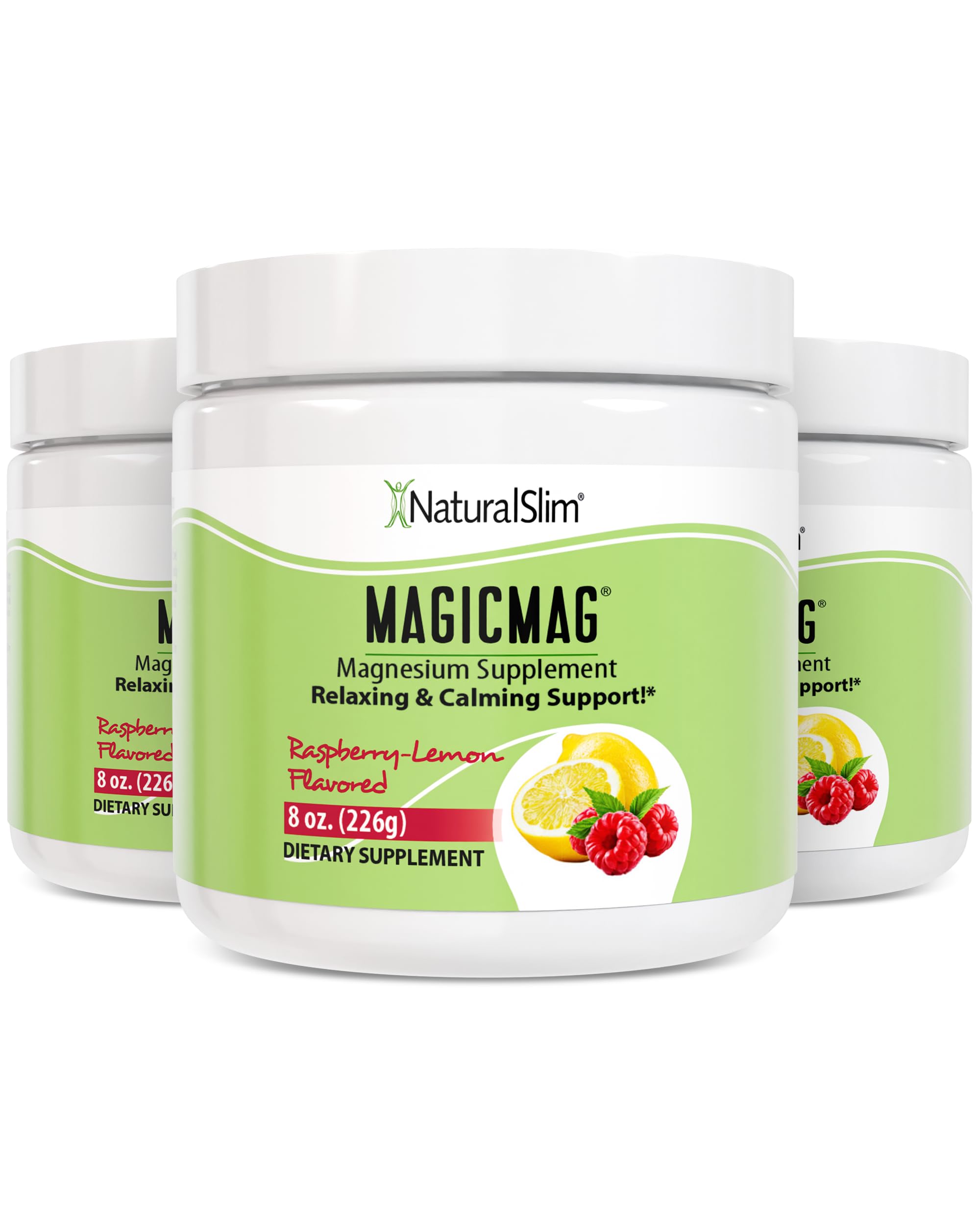 NaturalSlim envase frontal de MagicMag frambuesa limón, presentación clara y beneficios visuales