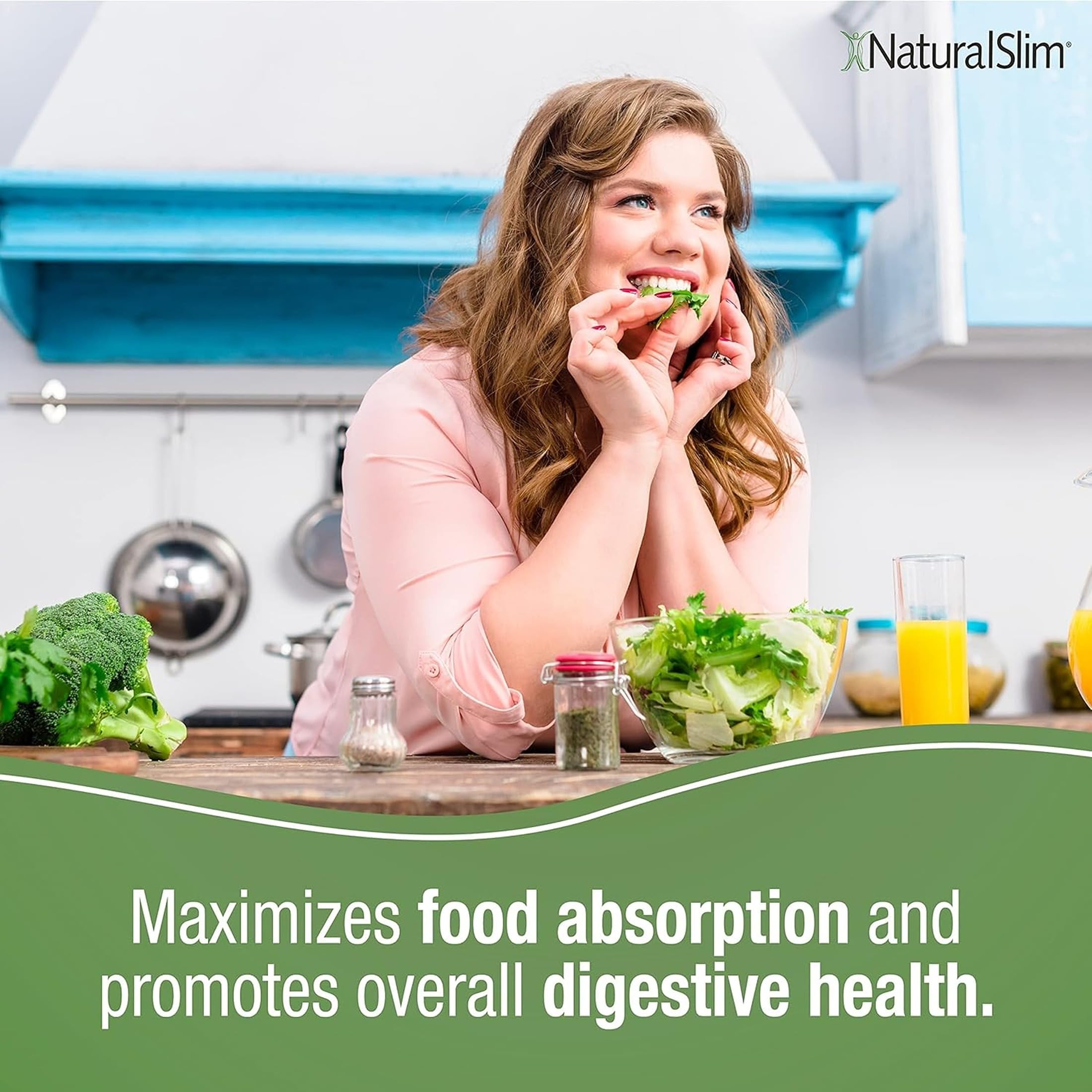 NaturalSlim en mesa junto a comida, apoyo digestivo durante las comidas
