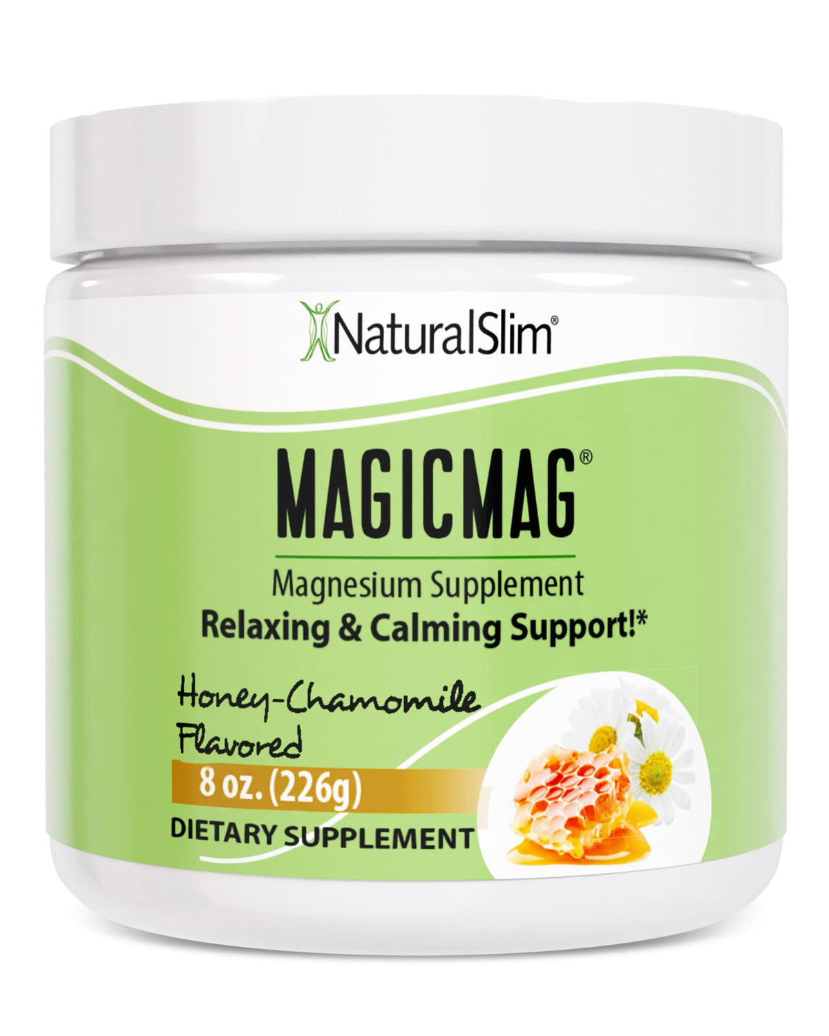 NaturalSlim MagicMag frente del empaque mostrando tamaño y sabor Honey Chamomile