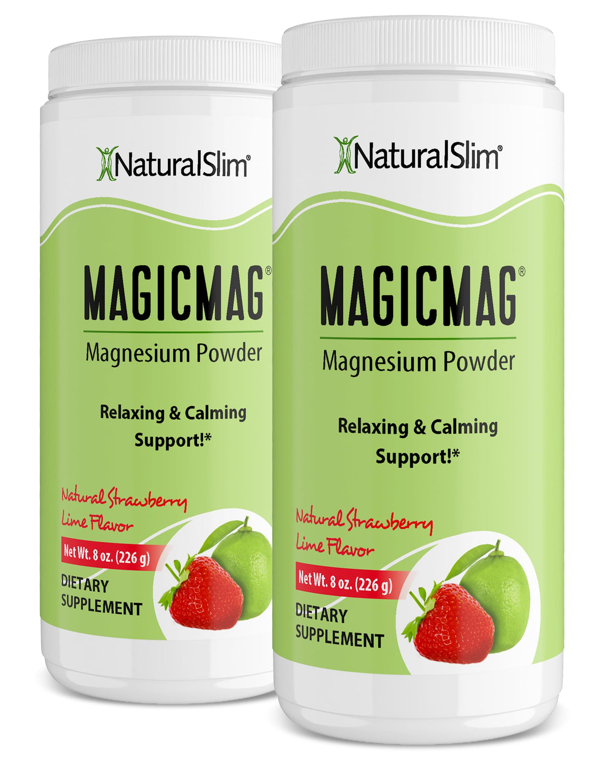 NaturalSlim MagicMag envase frontal mostrando sabor Fresa Lima y beneficio de relajación