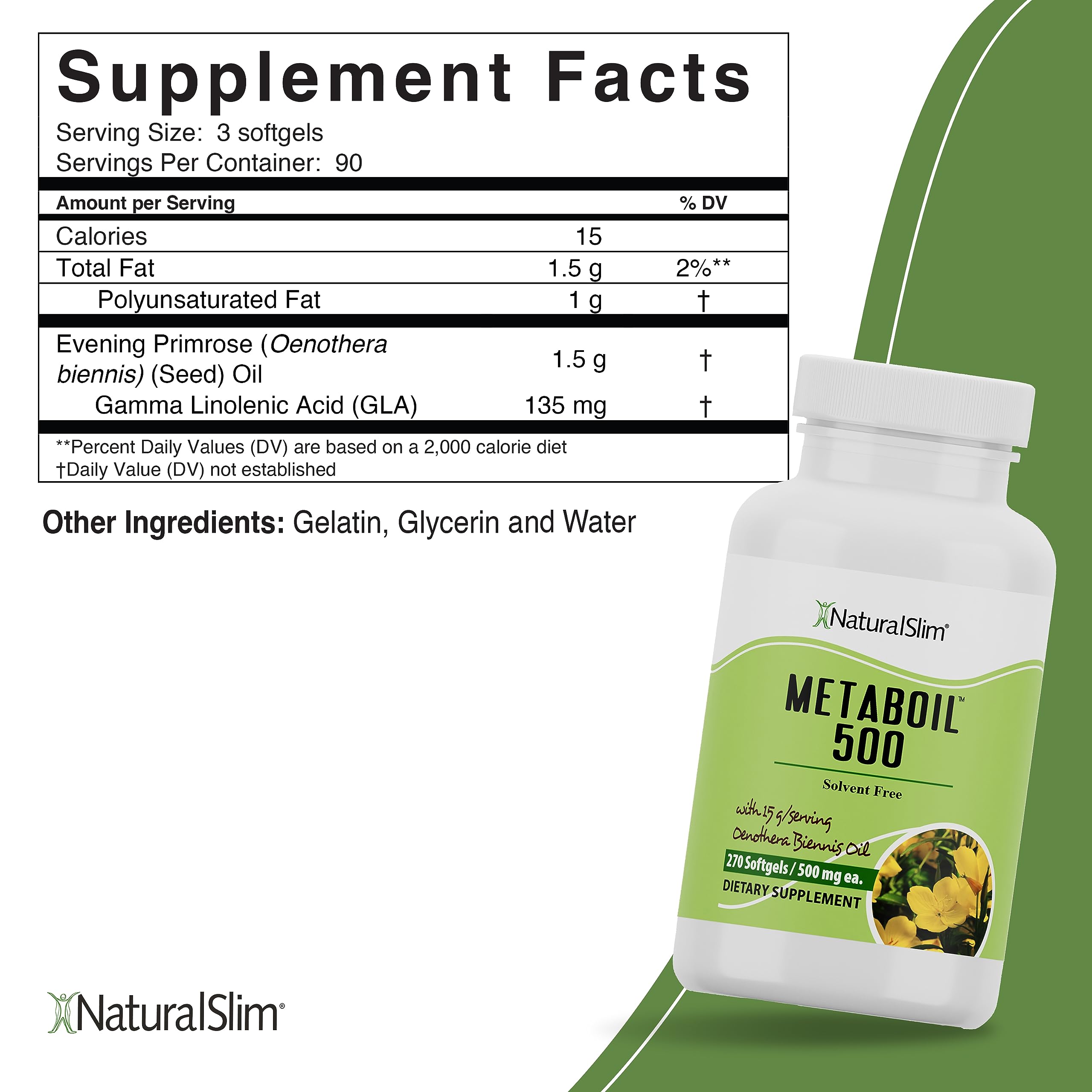 NaturalSlim Metaboil 500 cápsulas blandas en la palma para visualizar tamaño y conveniencia