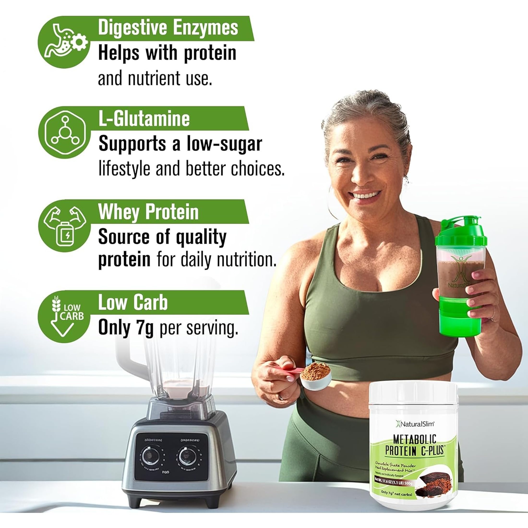 NaturalSlim cucharada de proteína con ingredientes que muestran composición equilibrada