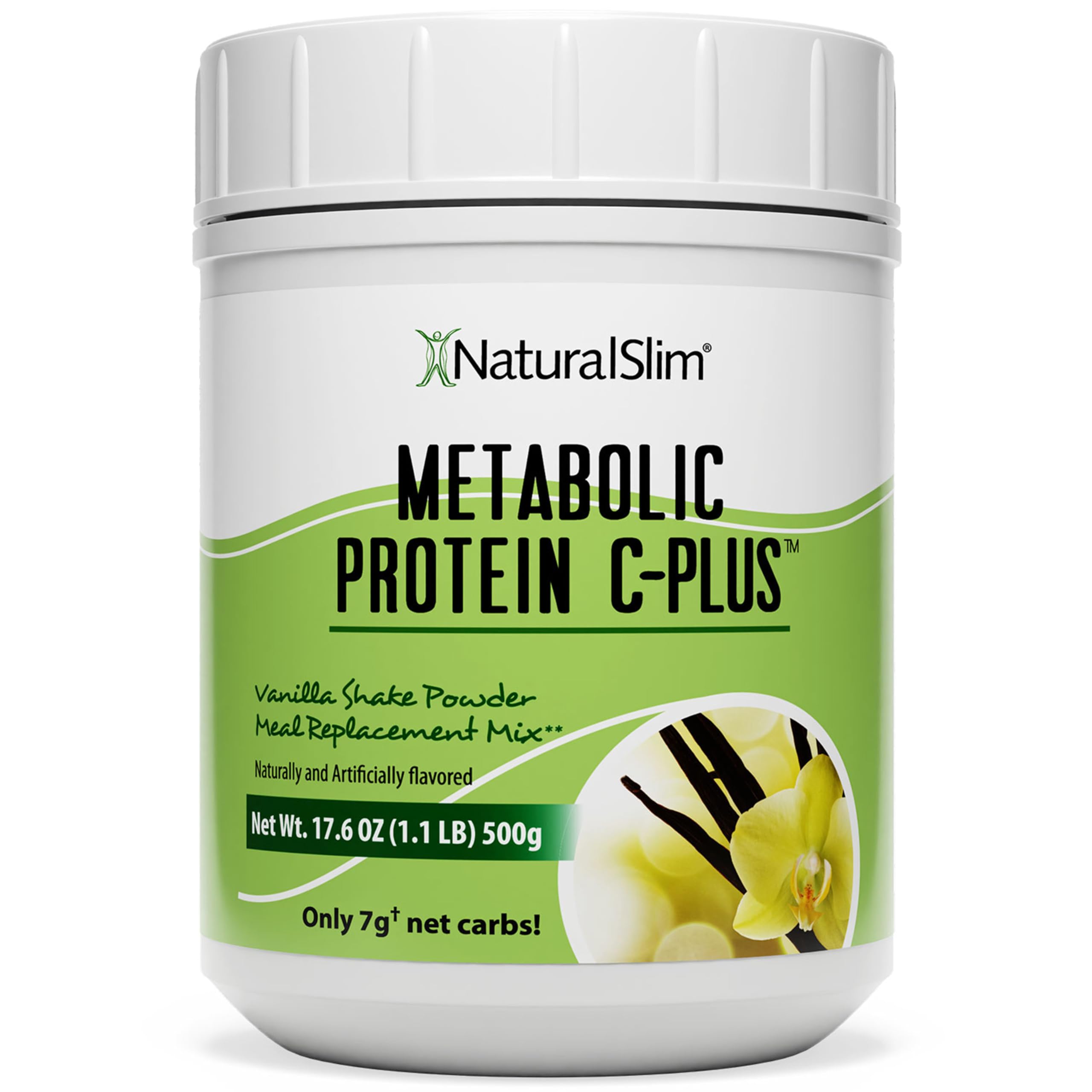 NaturalSlim empaque frontal del producto mostrando tamaño y sabor vainilla, beneficio conveniencia