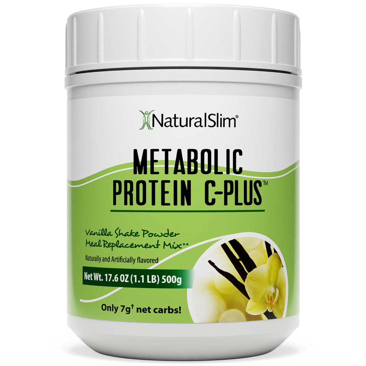 NaturalSlim empaque frontal del producto mostrando tamaño y sabor vainilla, beneficio conveniencia