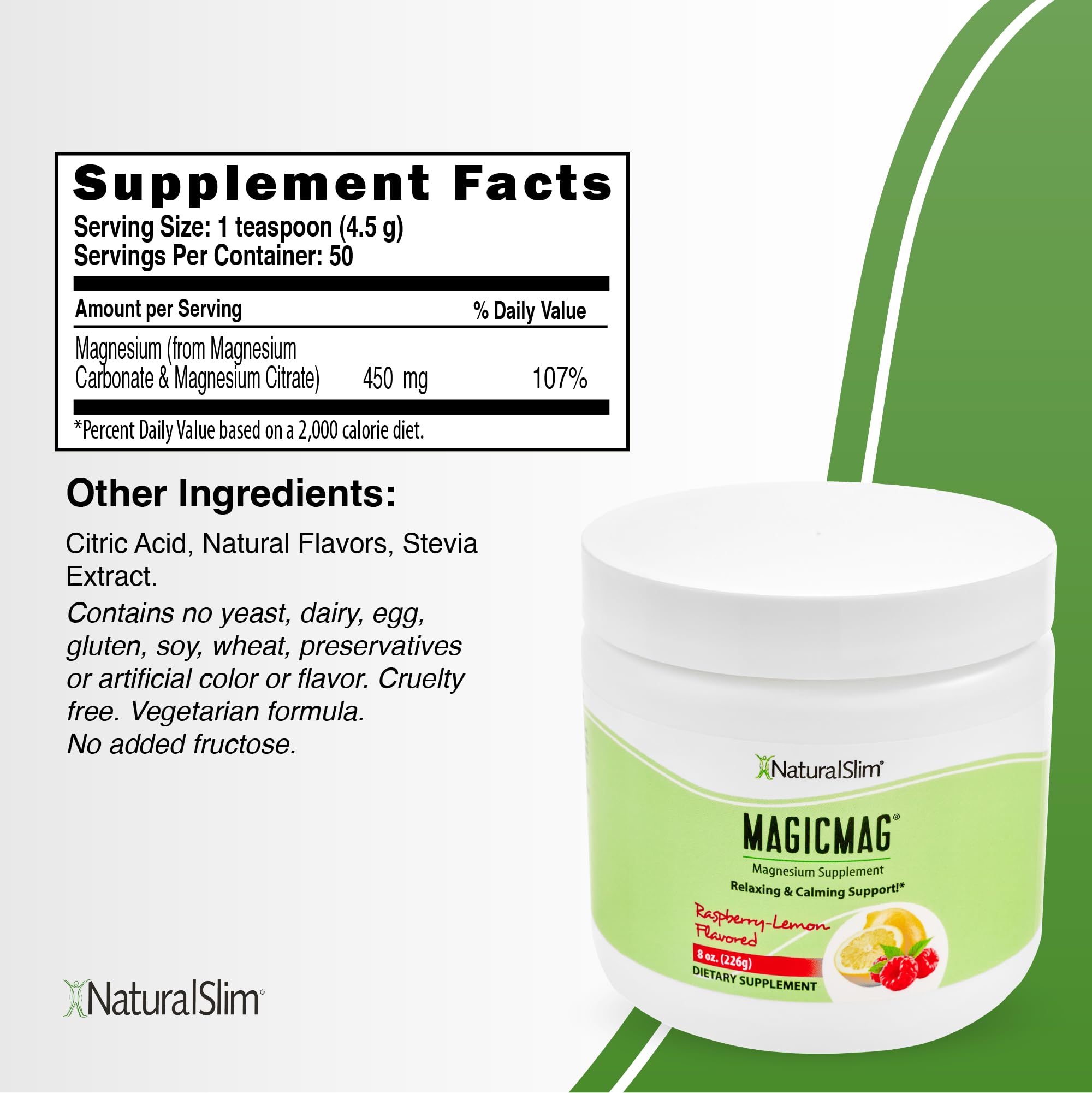 NaturalSlim primer plano del polvo MagicMag mostrando textura fina y fácil disolución