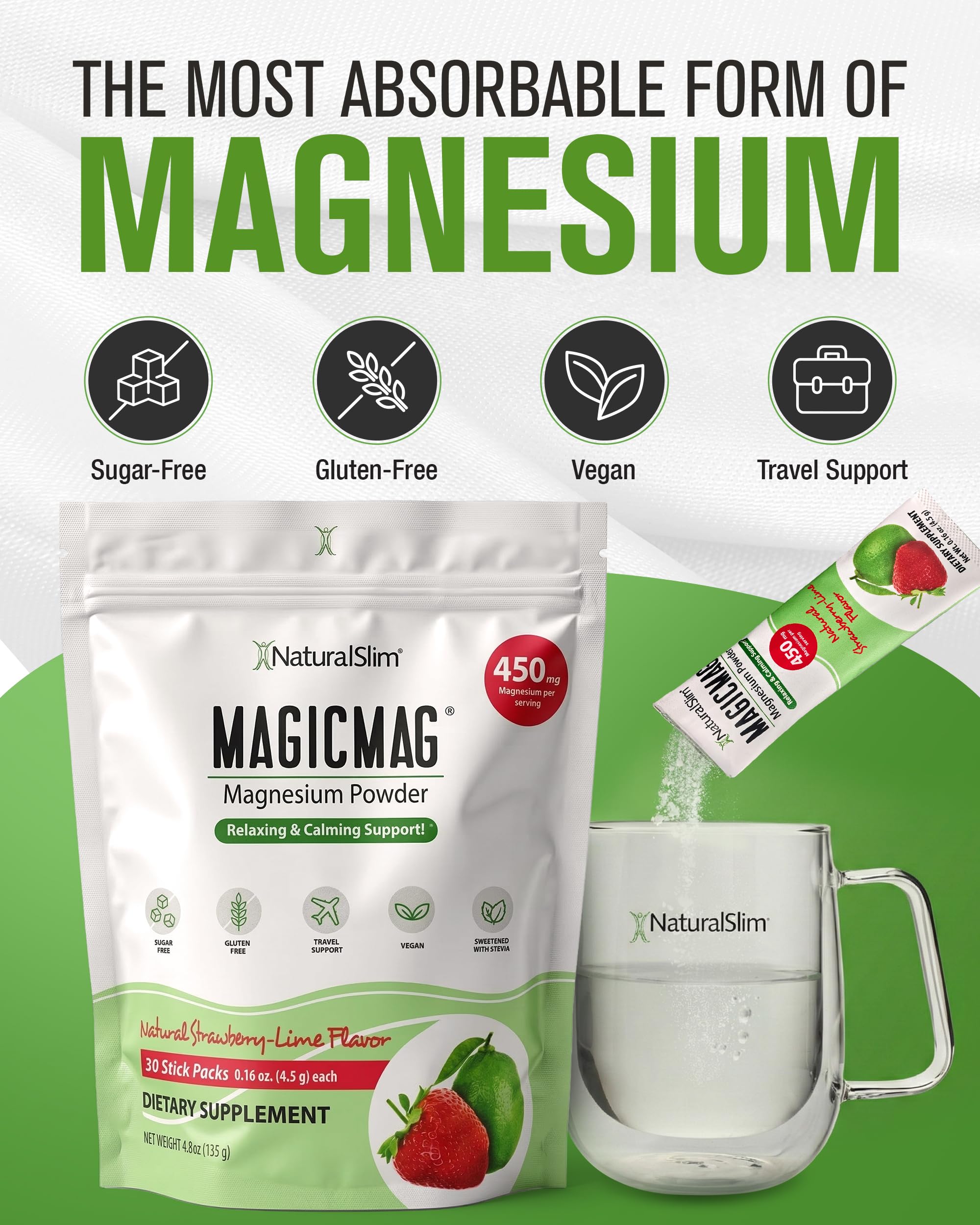 NaturalSlim polvo mezclado en vaso frío, bebida refrescante y apoyo a la relajación
