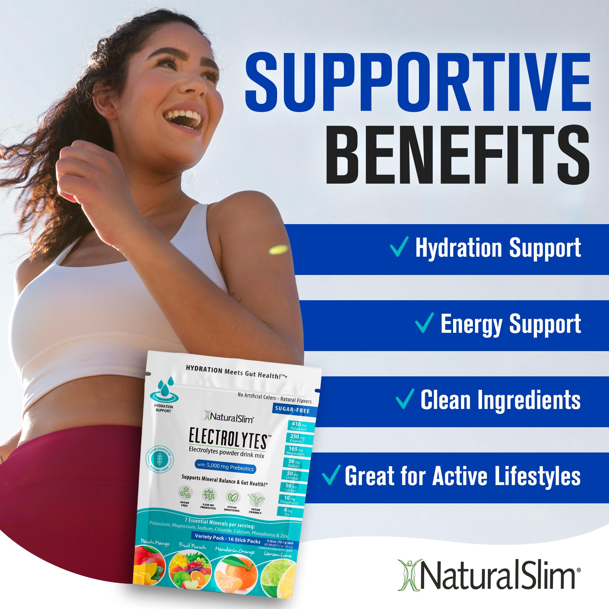 NaturalSlim sobres dentro de un bolso de viaje listos para hidratación en movimiento