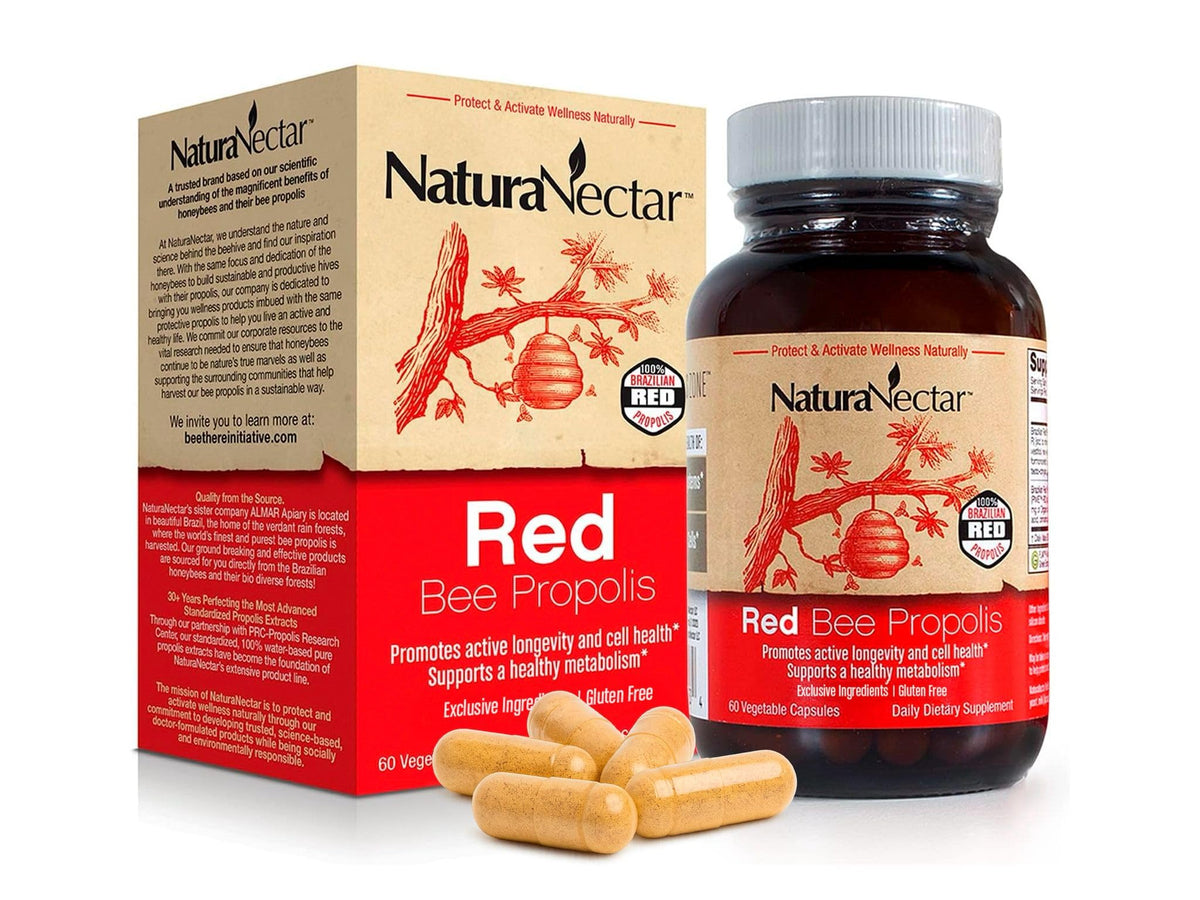 NaturaNectar envase frontal de propóleo rojo con certificación NSF, confianza en el contenido