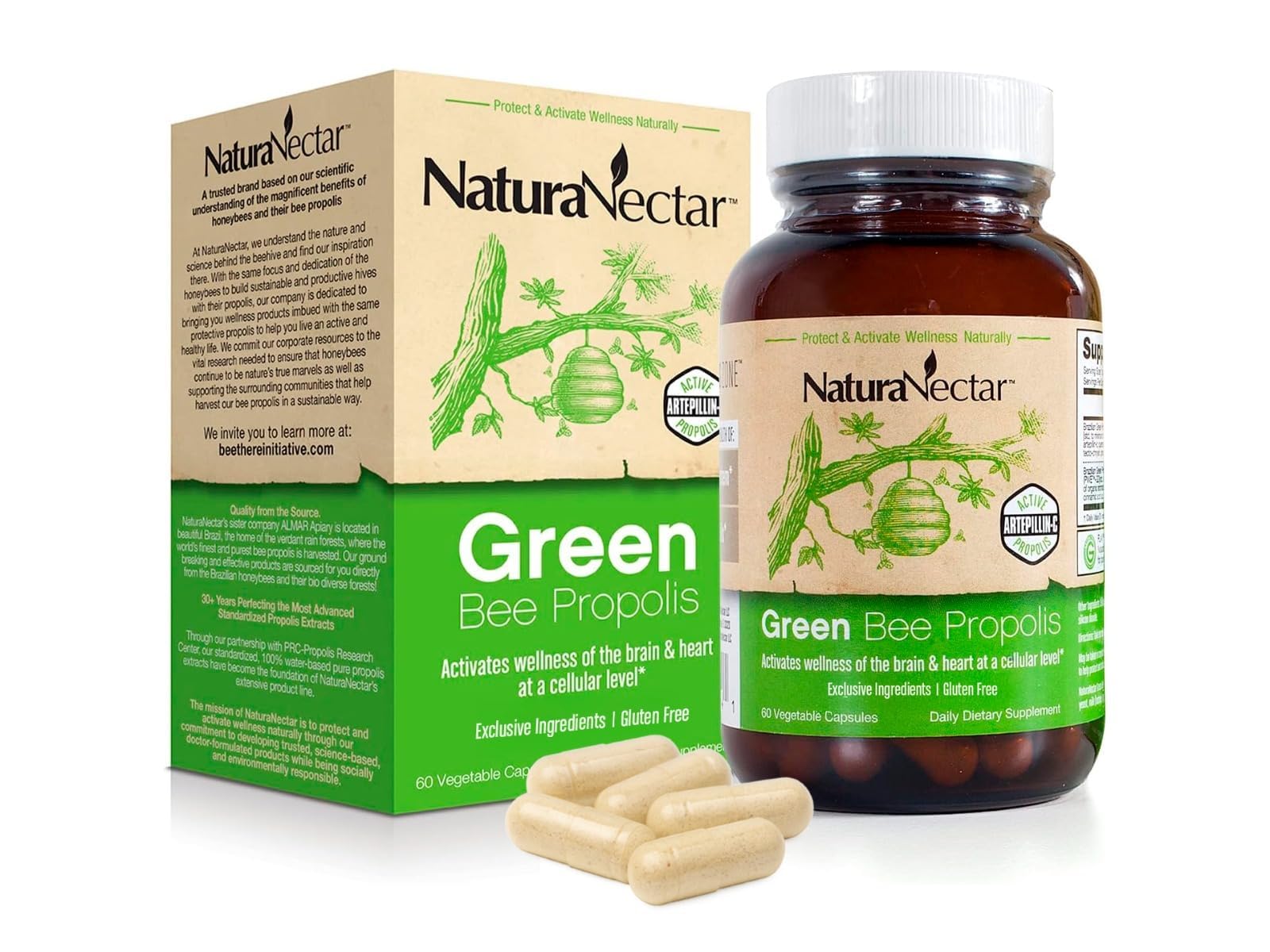 NaturaNectar envase frontal mostrando certificado NSF y beneficio de pureza